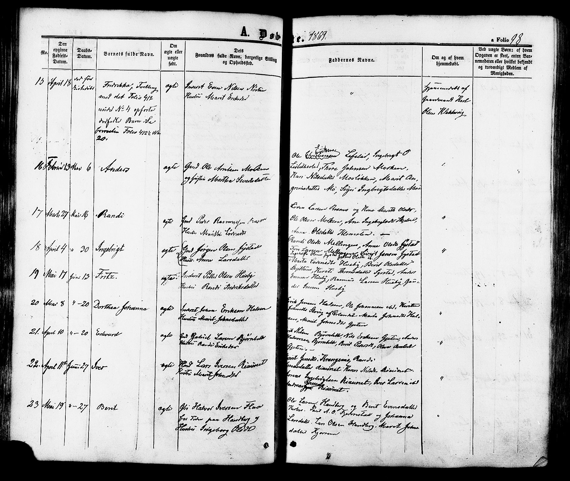 Ministerialprotokoller, klokkerbøker og fødselsregistre - Sør-Trøndelag, SAT/A-1456/665/L0772: Ministerialbok nr. 665A07, 1856-1878, s. 98