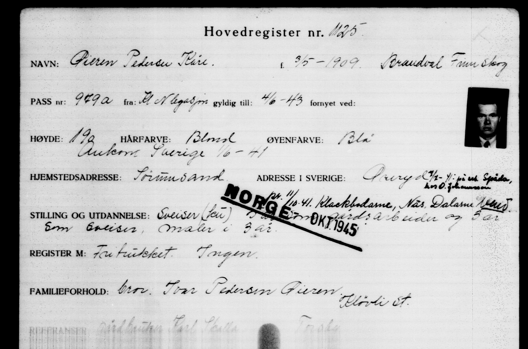 Utenriksstasjonene, Legasjonen i Stockholm, Flyktningkontoret, AV/RA-S-6753/V/Va/L0002: Kjesäterkartoteket, flyktninger med registreringsnr. 1001-2000, 1940-1945, s. 204