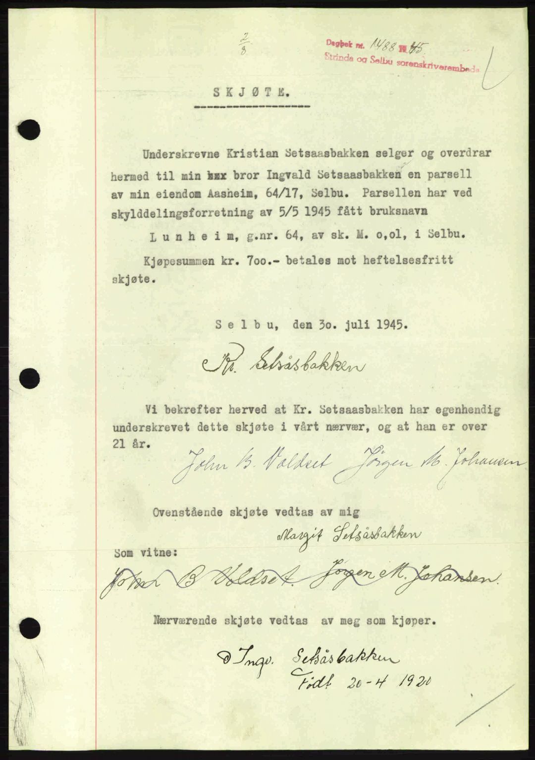 Strinda og Selbu sorenskriveri, SAT/A-0015/2/2C: Pantebok nr. A9, 1944-1945, Dagboknr: 1488/1945