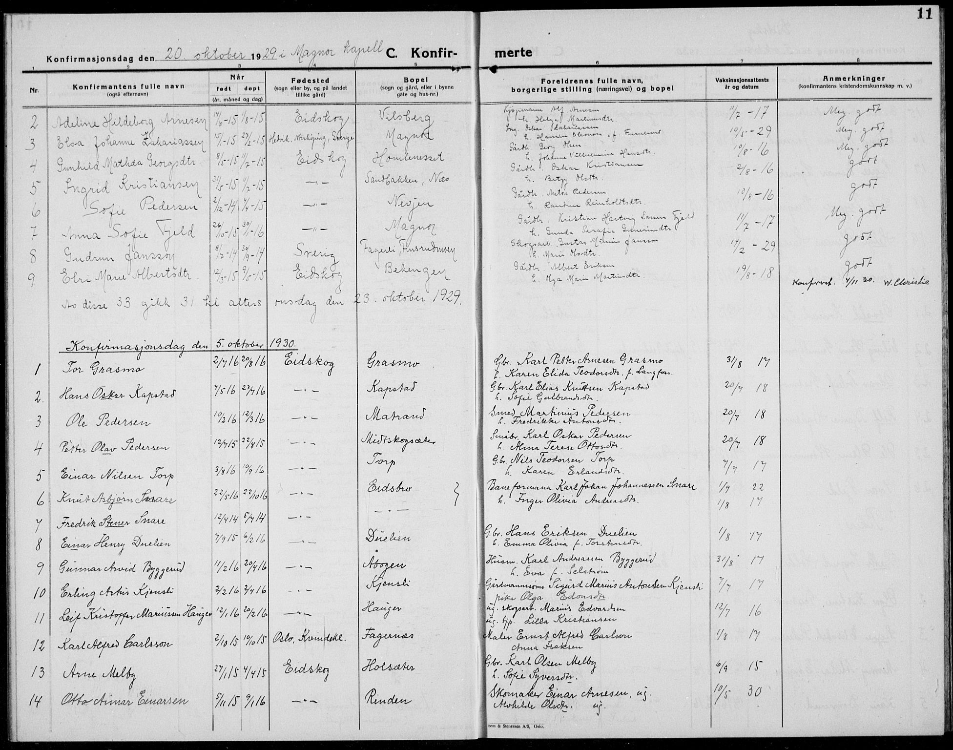 Eidskog prestekontor, SAH/PREST-026/H/Ha/Hab/L0007: Klokkerbok nr. 7, 1925-1938, s. 11