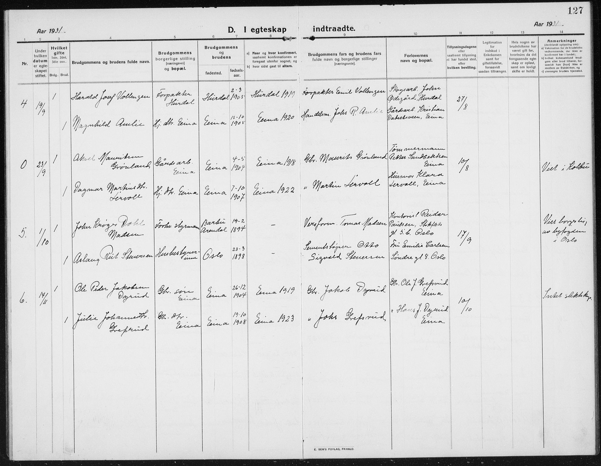 Kolbu prestekontor, SAH/PREST-110/H/Ha/Hab/L0006: Klokkerbok nr. 6, 1916-1934, s. 127