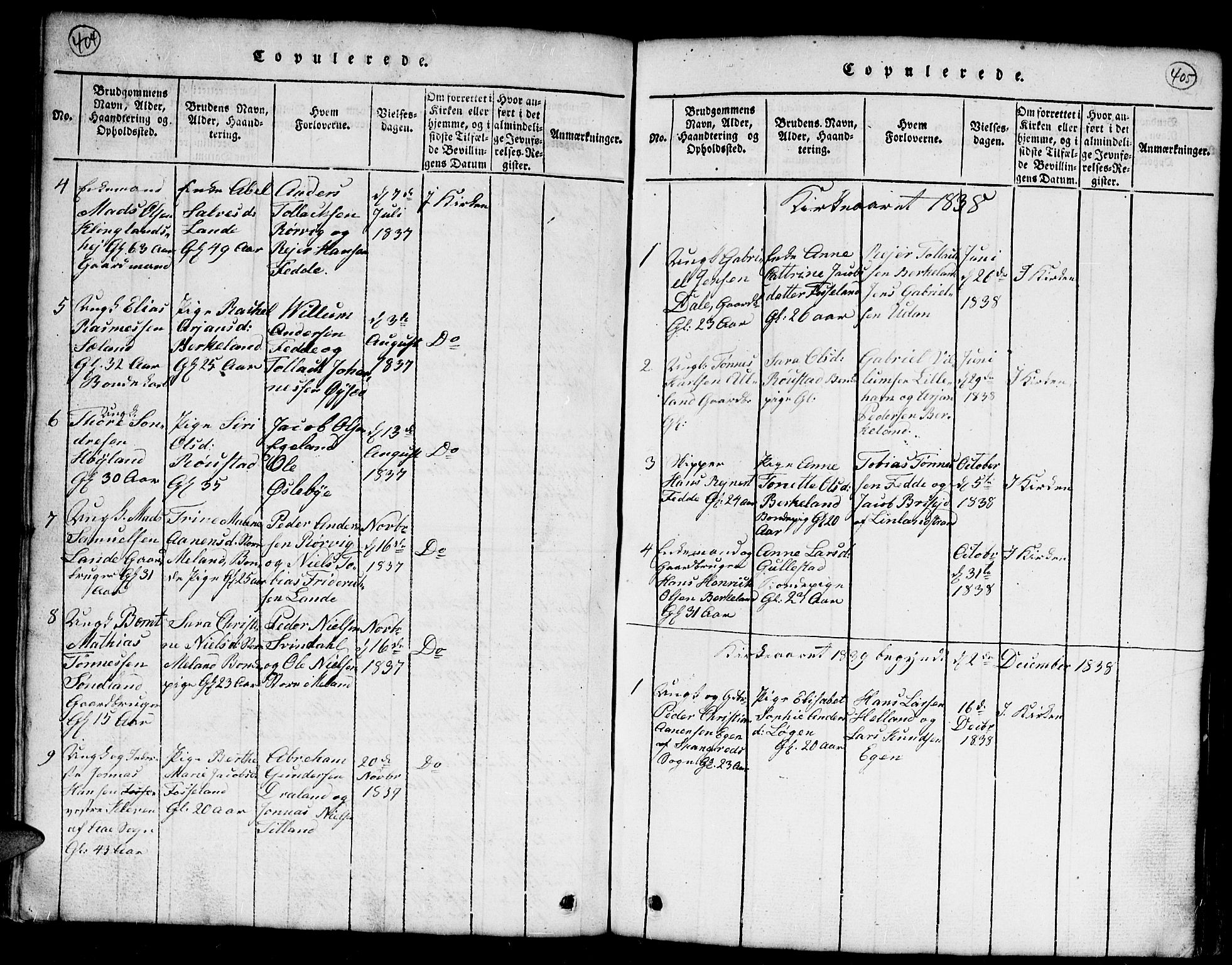 Kvinesdal sokneprestkontor, AV/SAK-1111-0026/F/Fb/Fba/L0001: Klokkerbok nr. B 1, 1815-1839, s. 404-405