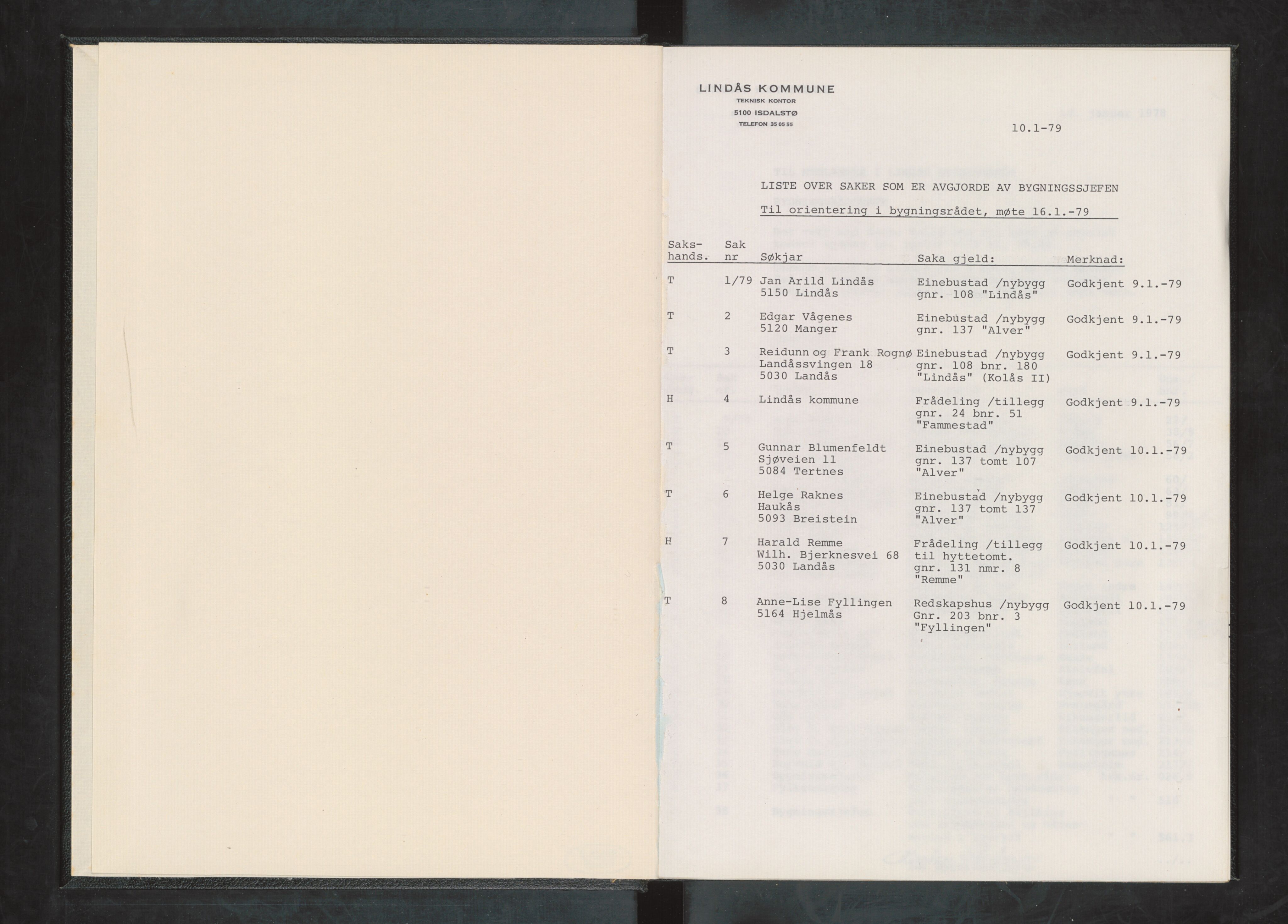 Lindås kommune. Bygningsrådet, IKAH/1263-511/A/Aa/L0032: Møtebok for Lindås bygningsråd, 1979