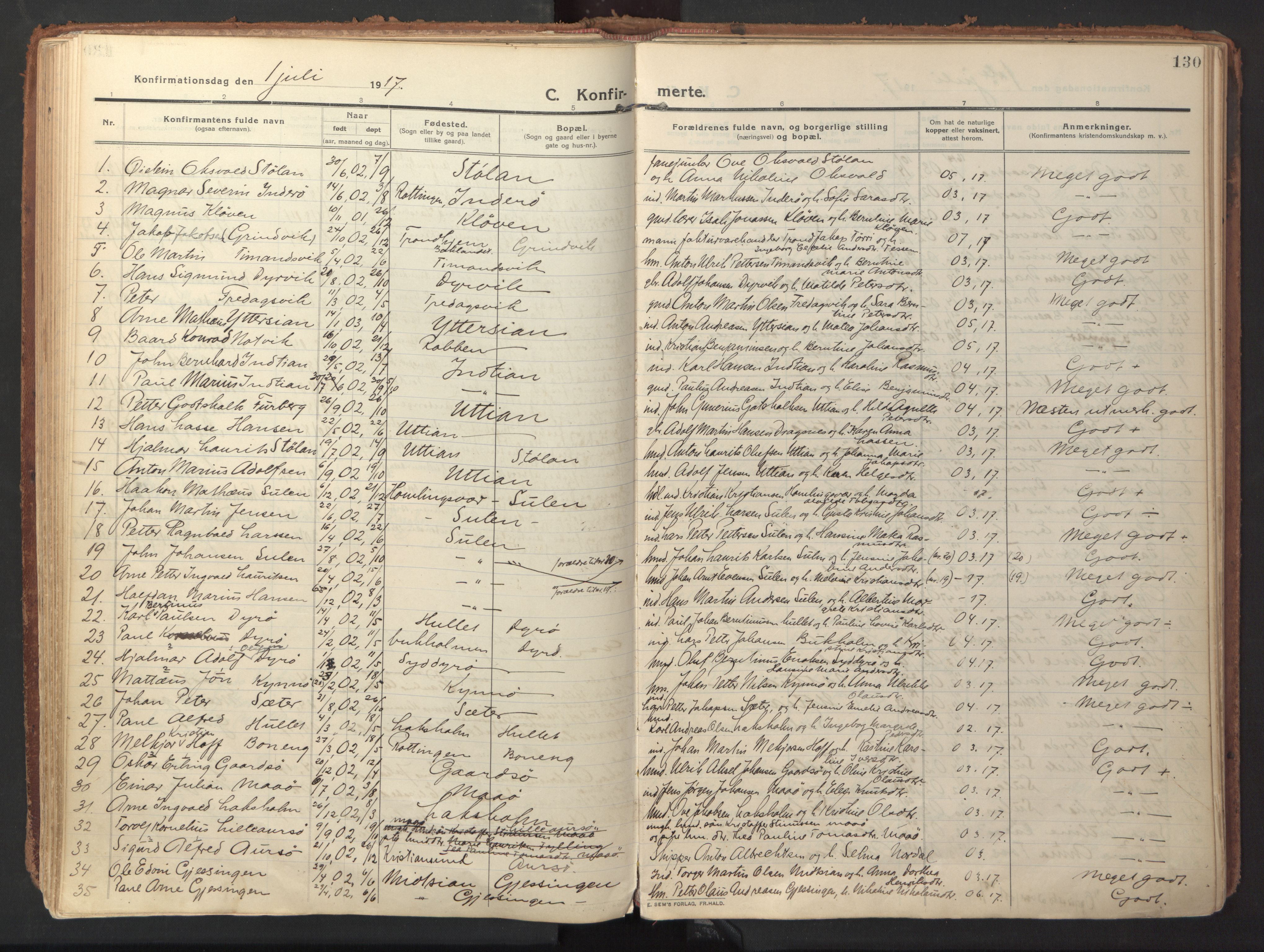 Ministerialprotokoller, klokkerbøker og fødselsregistre - Sør-Trøndelag, AV/SAT-A-1456/640/L0581: Ministerialbok nr. 640A06, 1910-1924, s. 130