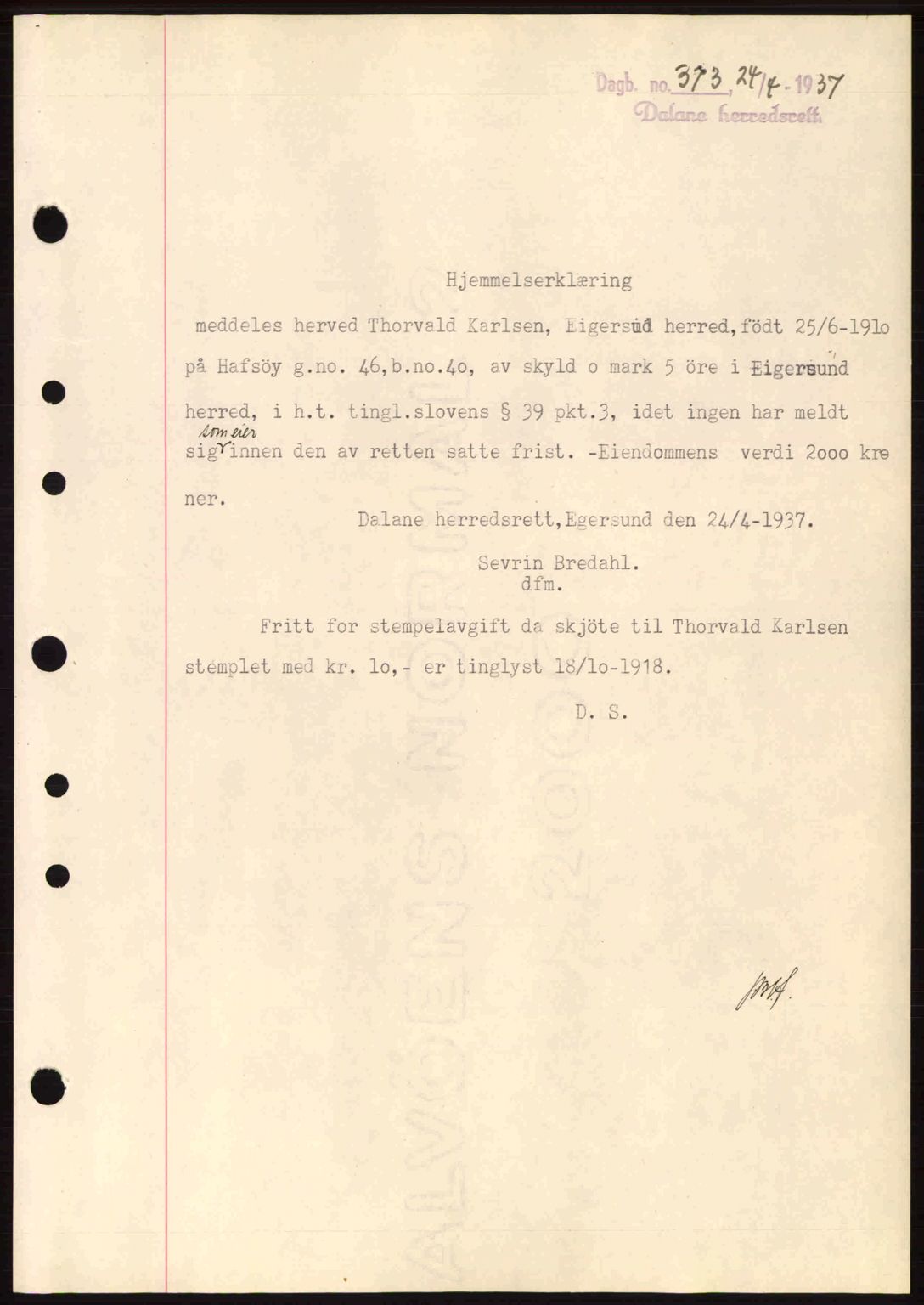 Dalane sorenskriveri, SAST/A-100309/02/G/Gb/L0041: Pantebok nr. A2, 1936-1937, Dagboknr: 373/1937