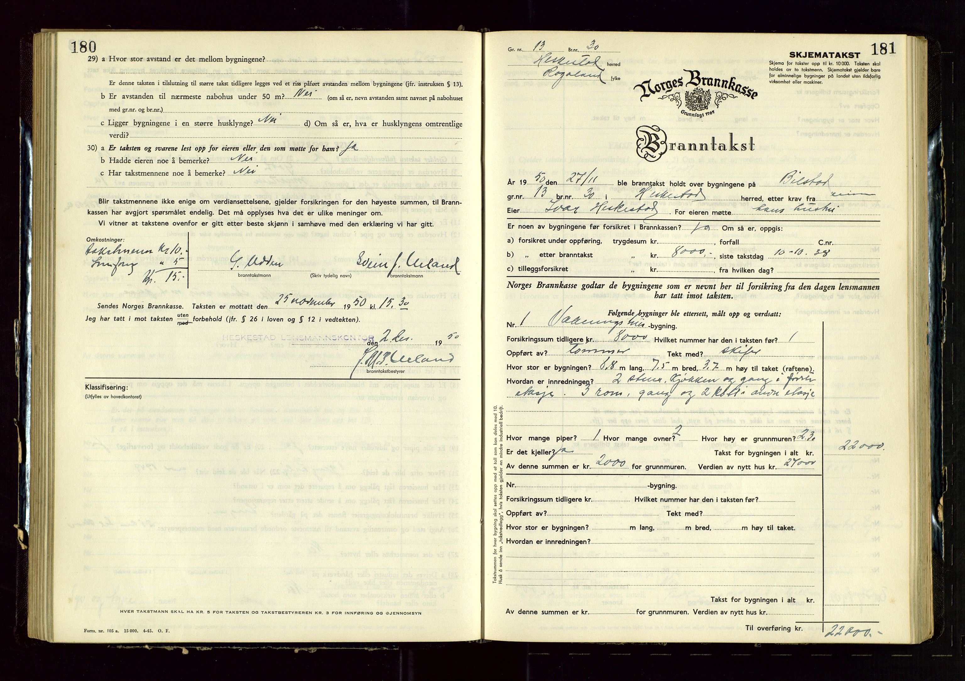 Heskestad lensmannskontor, SAST/A-100304/Gob/L0005: "Brandtakstprotokoll", 1946-1955, s. 180-181