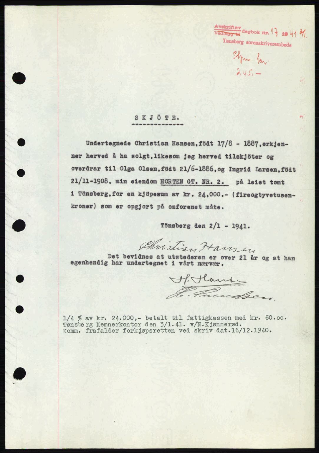 Tønsberg sorenskriveri, AV/SAKO-A-130/G/Ga/Gaa/L0009: Pantebok nr. A9, 1940-1941, Dagboknr: 17/1941