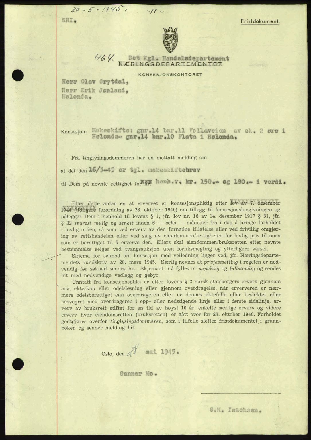 Gauldal sorenskriveri, SAT/A-0014/1/2/2C: Pantebok nr. A1a, 1945-1945, Dagboknr: 464/1945