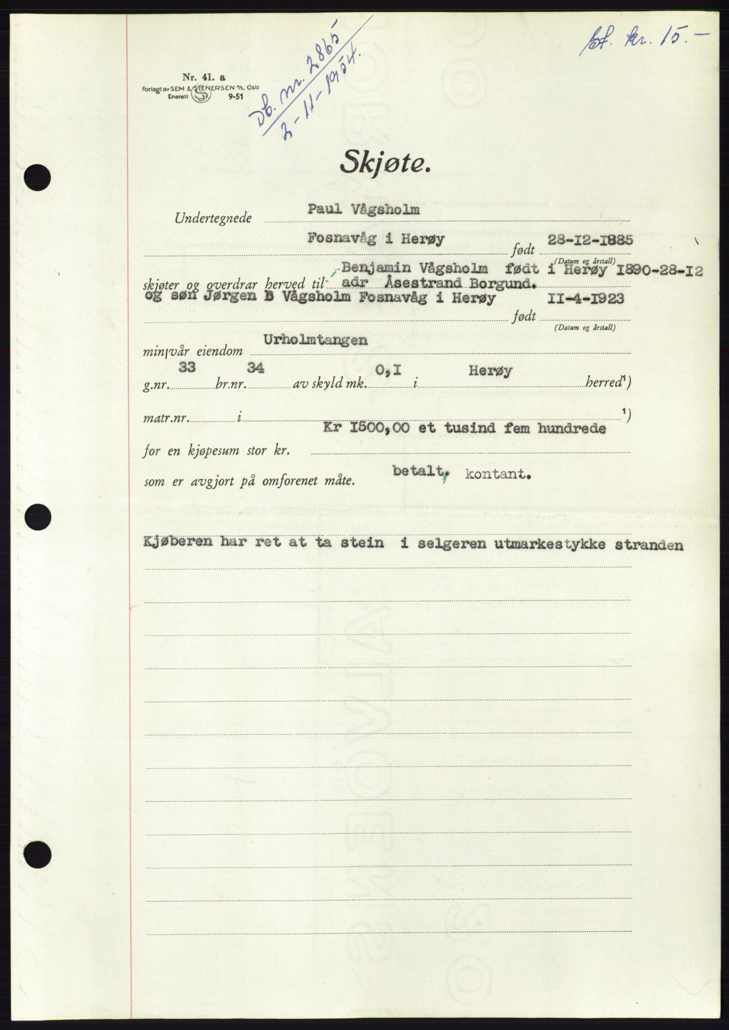 Søre Sunnmøre sorenskriveri, AV/SAT-A-4122/1/2/2C/L0099: Pantebok nr. 25A, 1954-1954, Dagboknr: 2865/1954