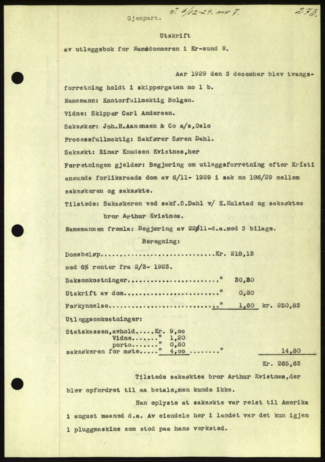 Kristiansund byfogd, AV/SAT-A-4587/A/27: Pantebok nr. 23, 1929-1930, Tingl.dato: 06.12.1929