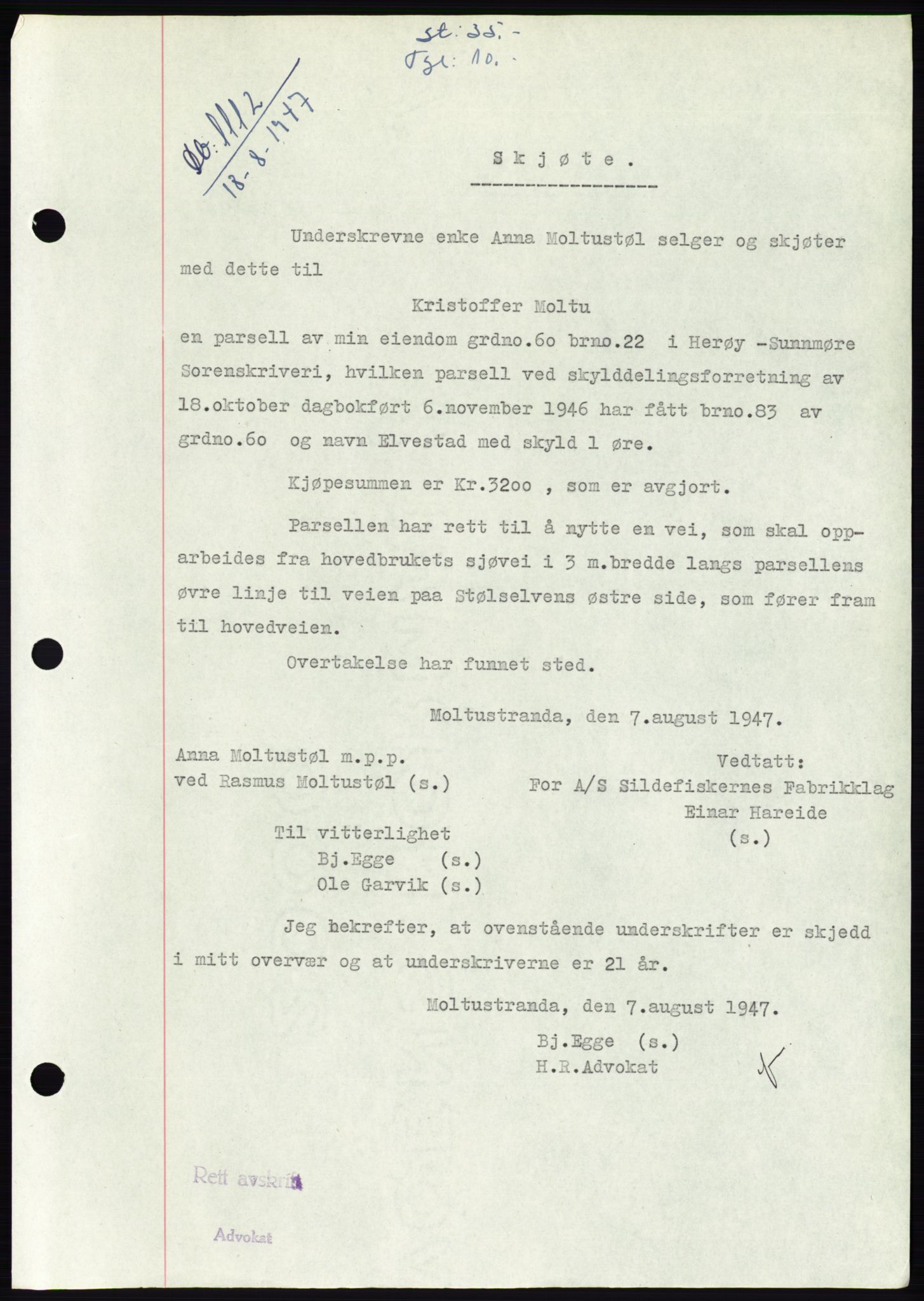 Søre Sunnmøre sorenskriveri, SAT/A-4122/1/2/2C/L0081: Pantebok nr. 7A, 1947-1948, Dagboknr: 1112/1947