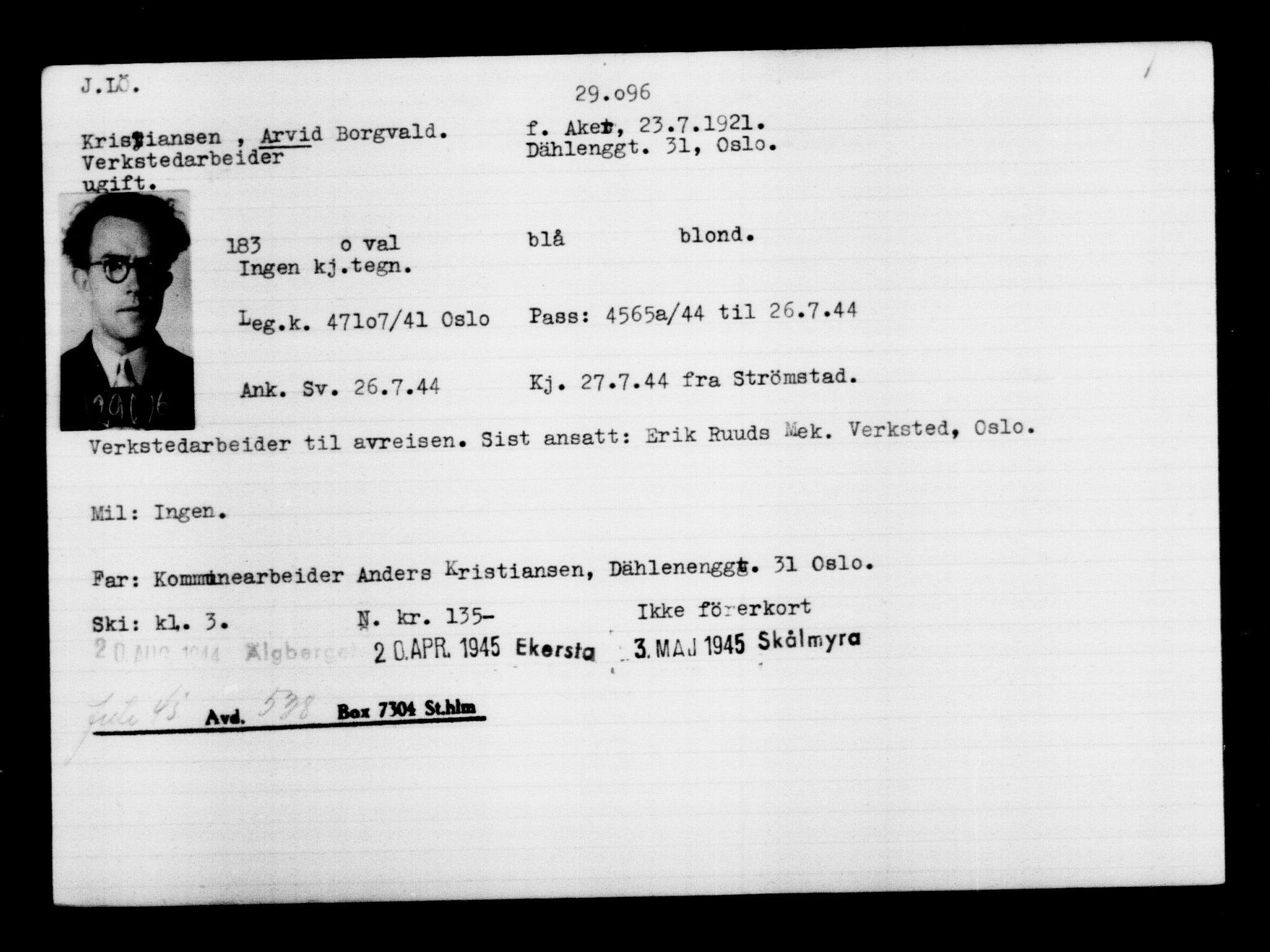Utenriksstasjonene, Legasjonen i Stockholm, Flyktningkontoret, AV/RA-S-6753/V/Va/L0012: Kjesäterkartoteket, flyktninger med registreringsnr. 28300-31566, 1940-1945, s. 855