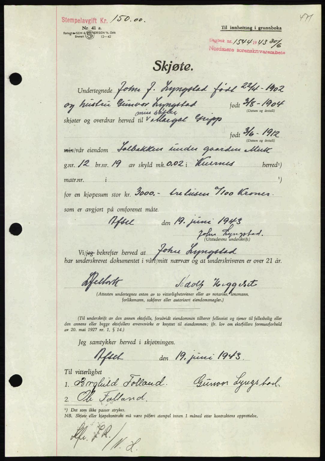 Nordmøre sorenskriveri, AV/SAT-A-4132/1/2/2Ca: Pantebok nr. A95, 1943-1943, Dagboknr: 1544/1943