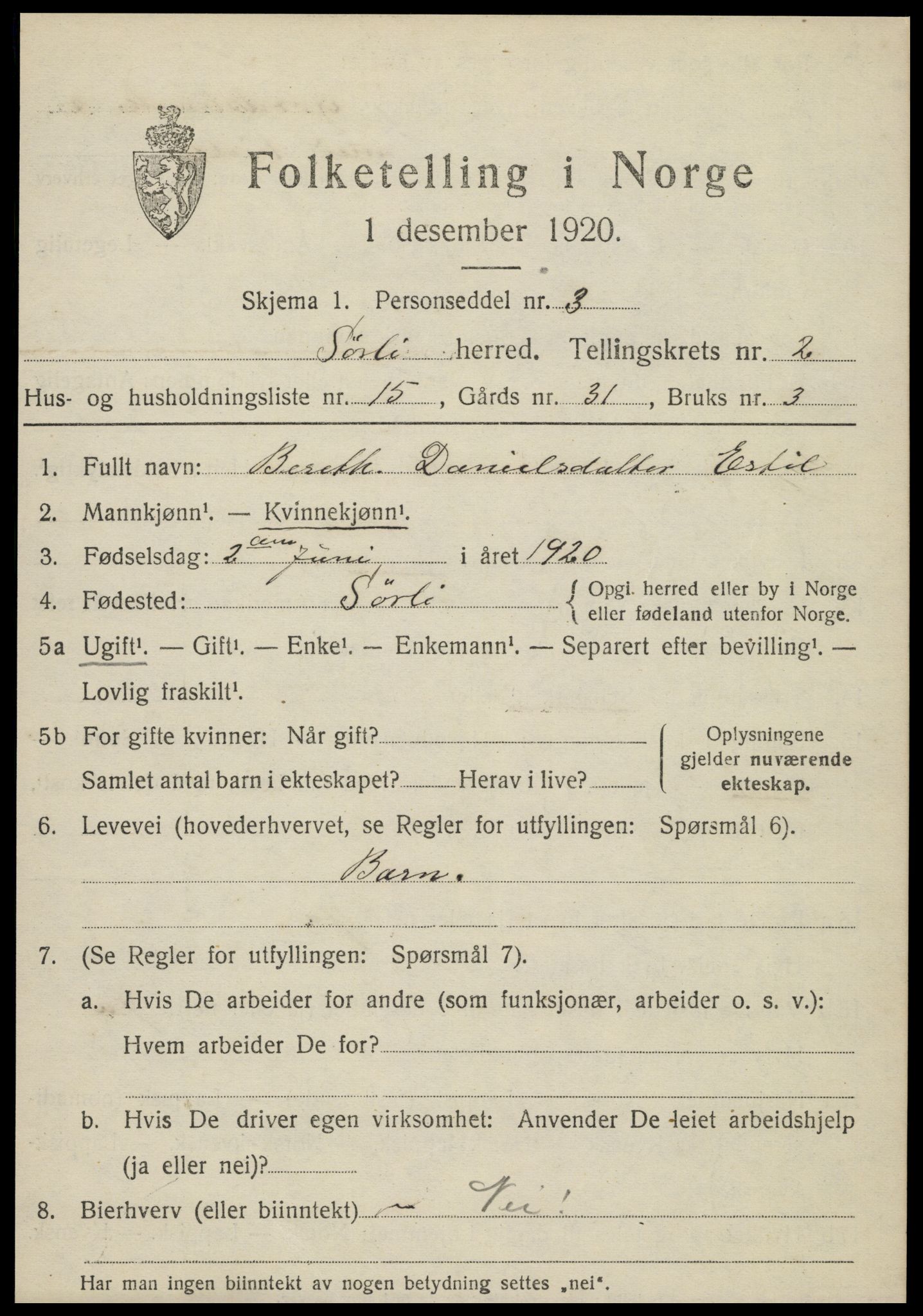 SAT, Folketelling 1920 for 1737 Sørli herred, 1920, s. 1029
