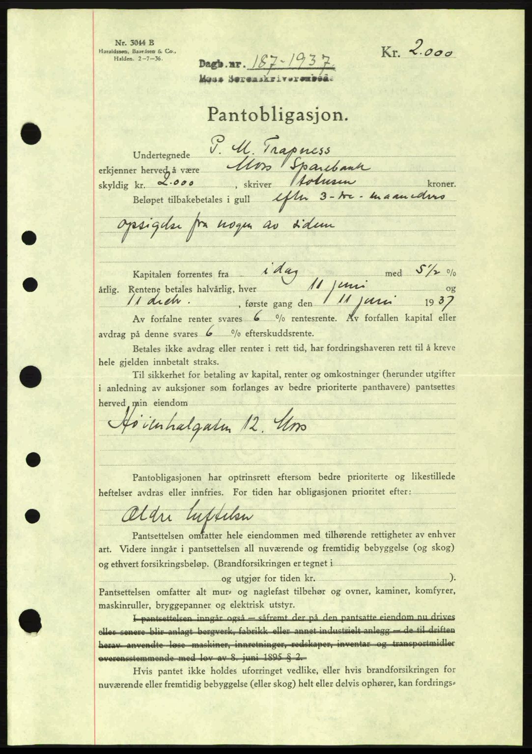 Moss sorenskriveri, SAO/A-10168: Pantebok nr. B3, 1937-1937, Dagboknr: 187/1937