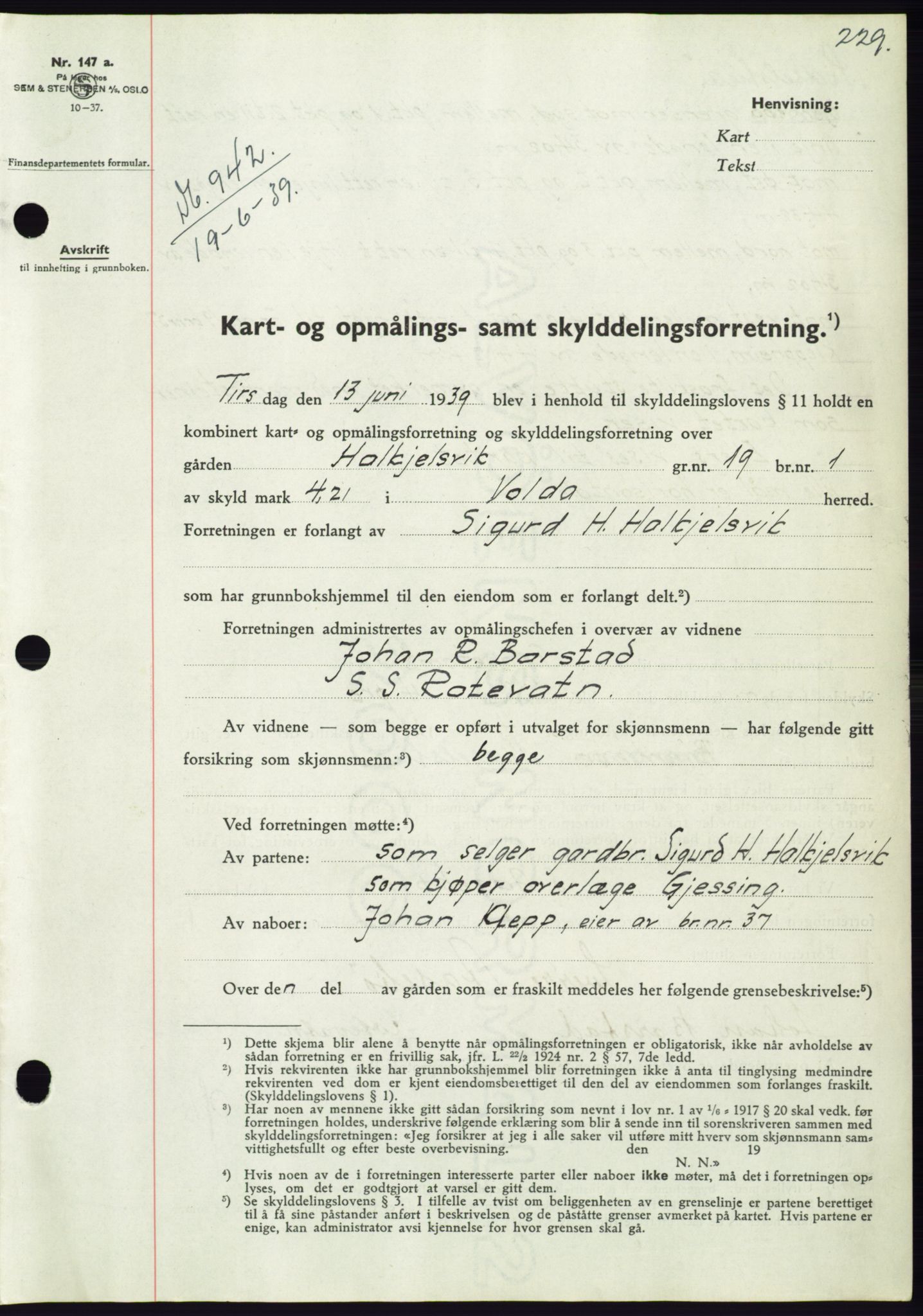 Søre Sunnmøre sorenskriveri, AV/SAT-A-4122/1/2/2C/L0068: Pantebok nr. 62, 1939-1939, Dagboknr: 942/1939