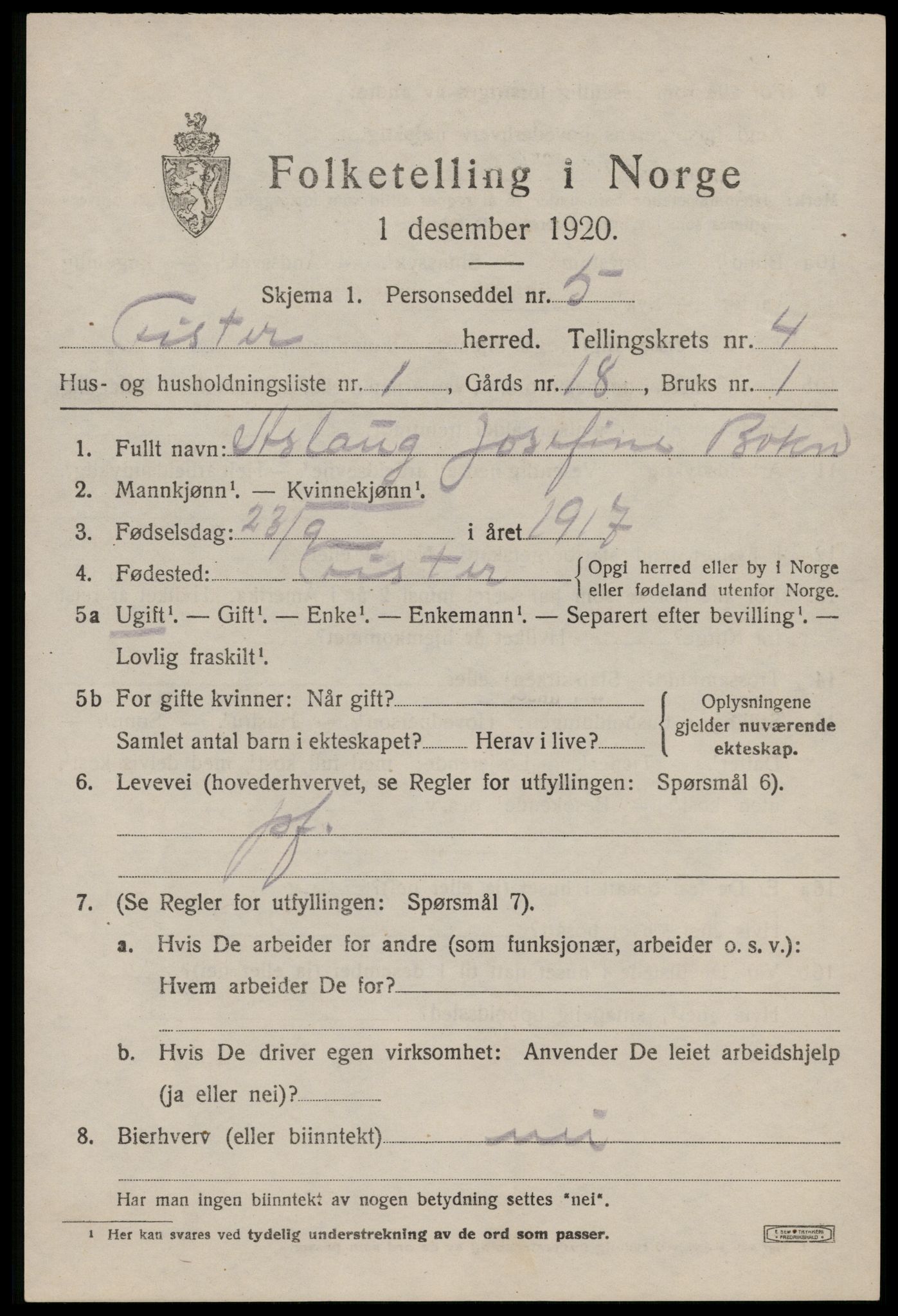 SAST, Folketelling 1920 for 1132 Fister herred, 1920, s. 1117