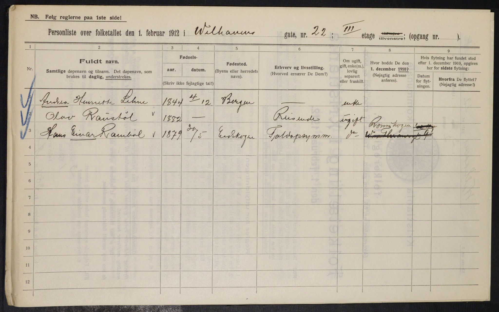 OBA, Kommunal folketelling 1.2.1912 for Kristiania, 1912, s. 127711