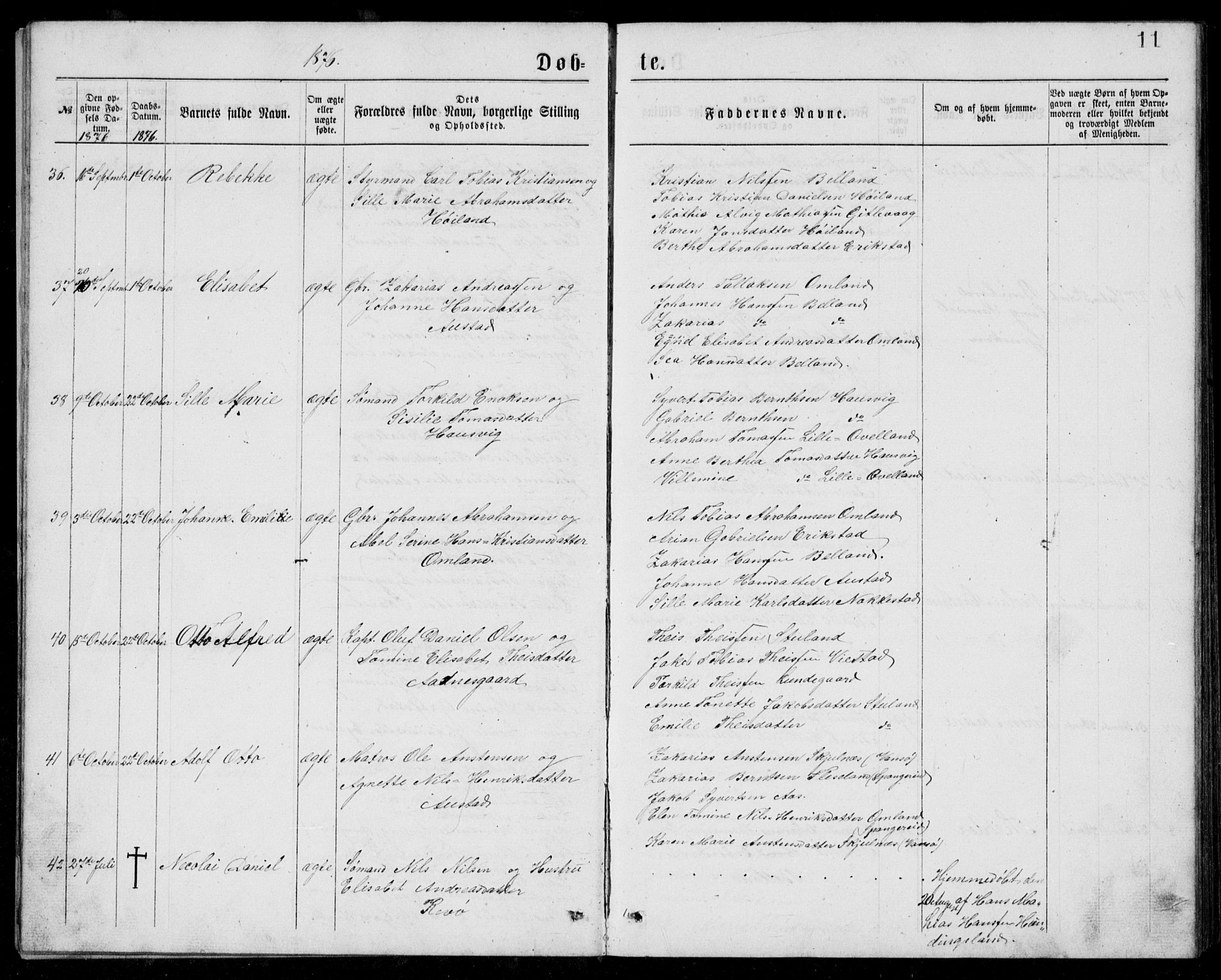 Lyngdal sokneprestkontor, AV/SAK-1111-0029/F/Fb/Fba/L0002: Klokkerbok nr. B 2, 1876-1886, s. 11