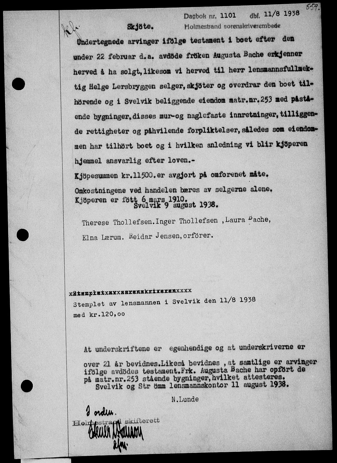 Holmestrand sorenskriveri, SAKO/A-67/G/Ga/Gaa/L0049: Pantebok nr. A-49, 1937-1938, Dagboknr: 1101/1938