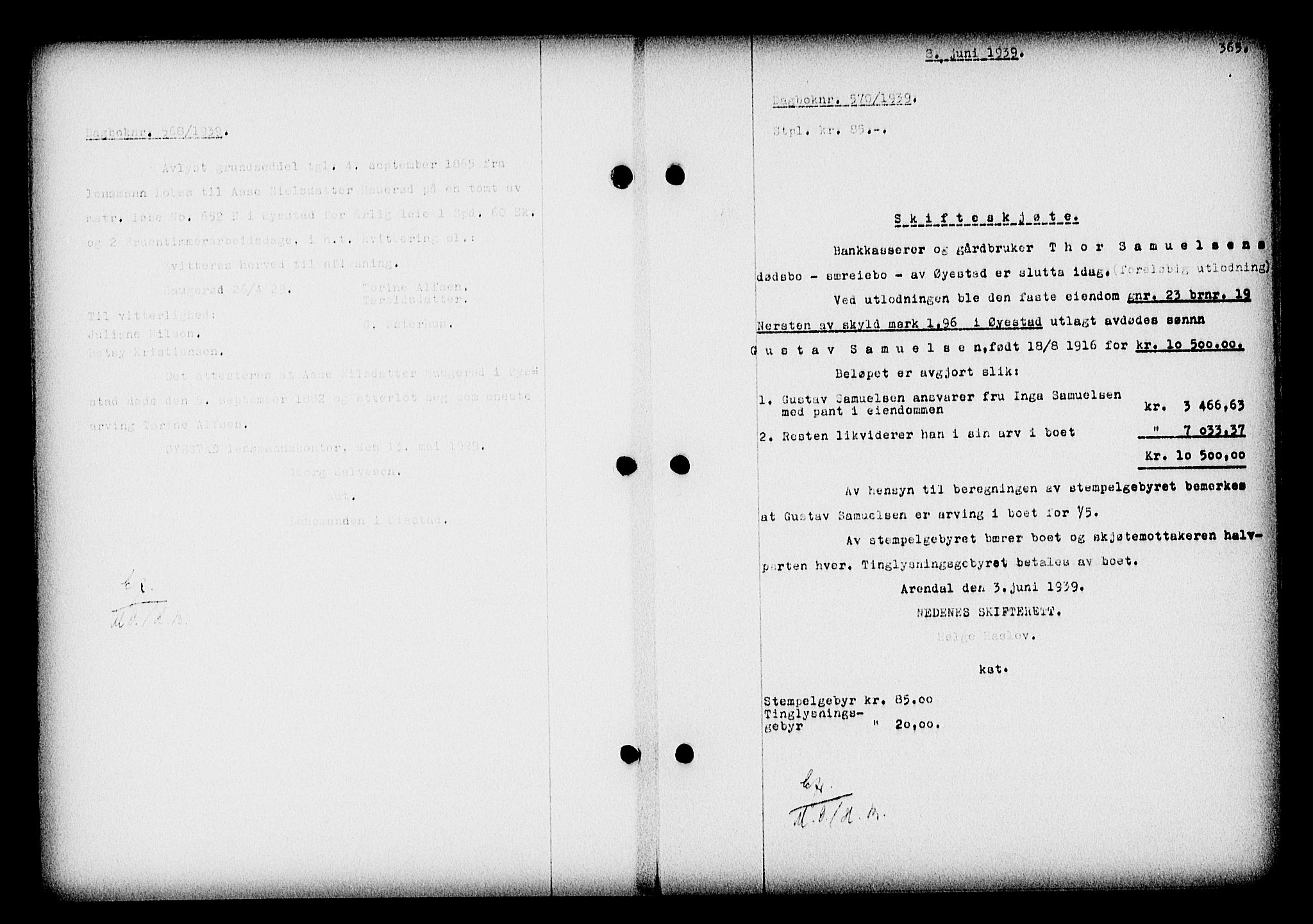 Nedenes sorenskriveri, SAK/1221-0006/G/Gb/Gba/L0046: Pantebok nr. 42, 1938-1939, Dagboknr: 570/1939