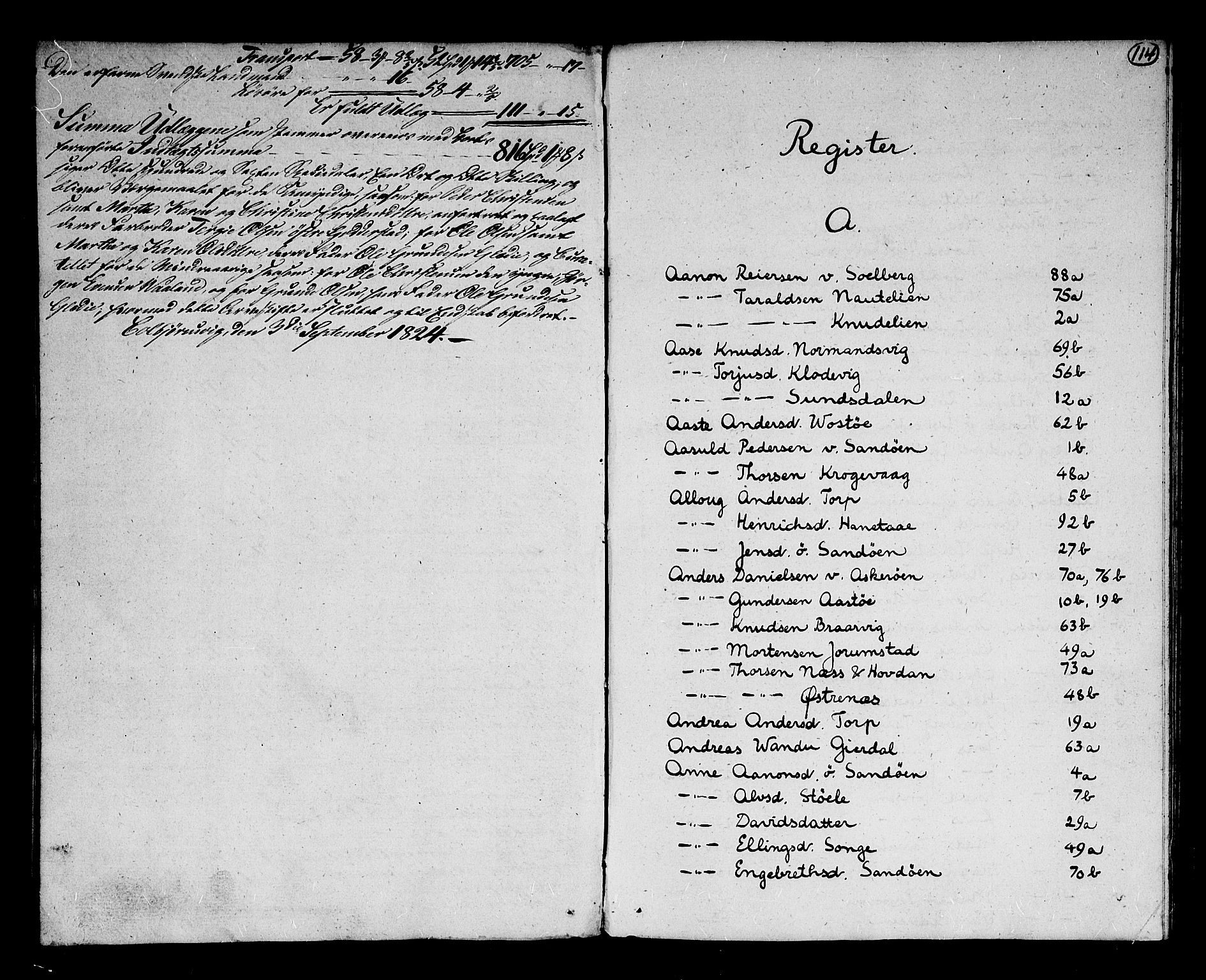 Nedenes sorenskriveri før 1824, SAK/1221-0007/H/Hc/L0049: Skifteprotokoll med register nr 34, 1804-1824, s. 114