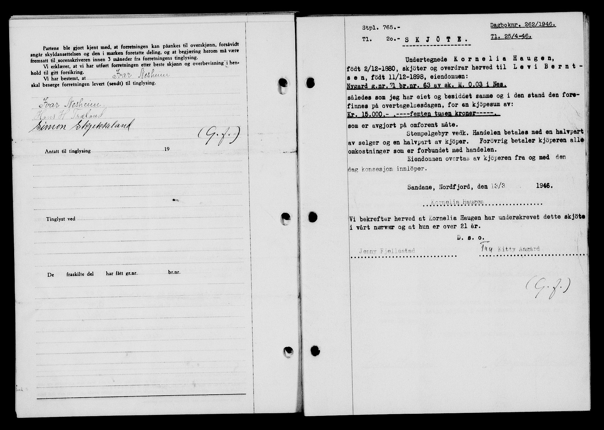 Flekkefjord sorenskriveri, SAK/1221-0001/G/Gb/Gba/L0060: Pantebok nr. A-8, 1945-1946, Dagboknr: 262/1946
