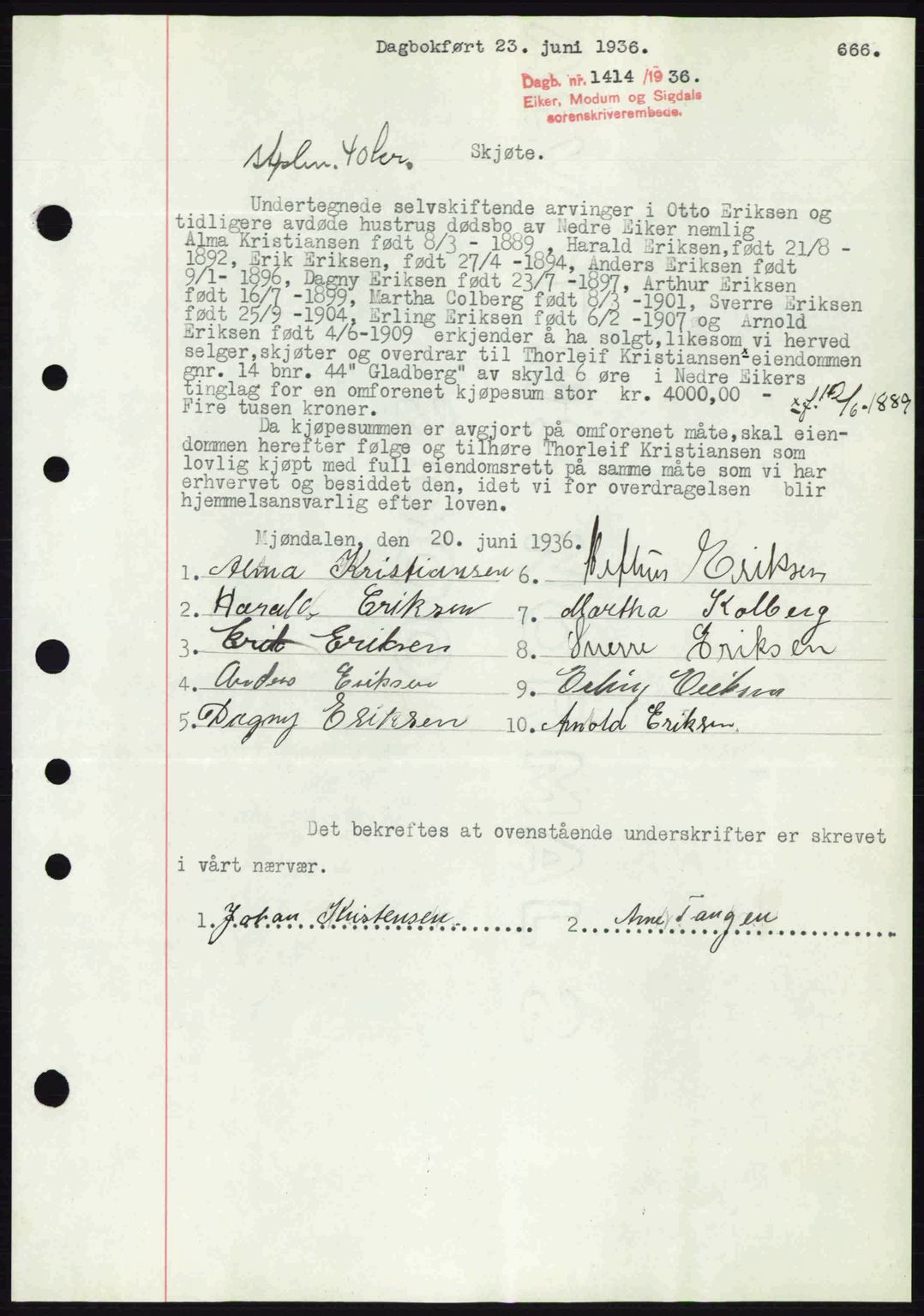 Eiker, Modum og Sigdal sorenskriveri, SAKO/A-123/G/Ga/Gab/L0032: Pantebok nr. A2, 1936-1936, Dagboknr: 1414/1936