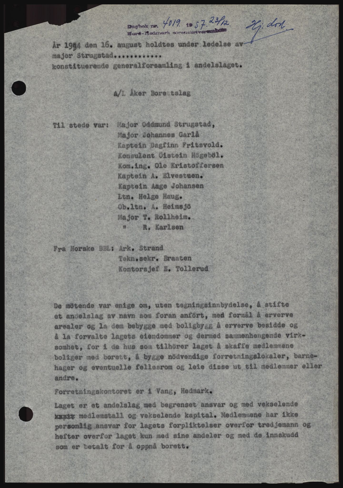 Nord-Hedmark sorenskriveri, SAH/TING-012/H/Hc/L0012: Pantebok nr. 12, 1957-1958, Dagboknr: 4019/1957