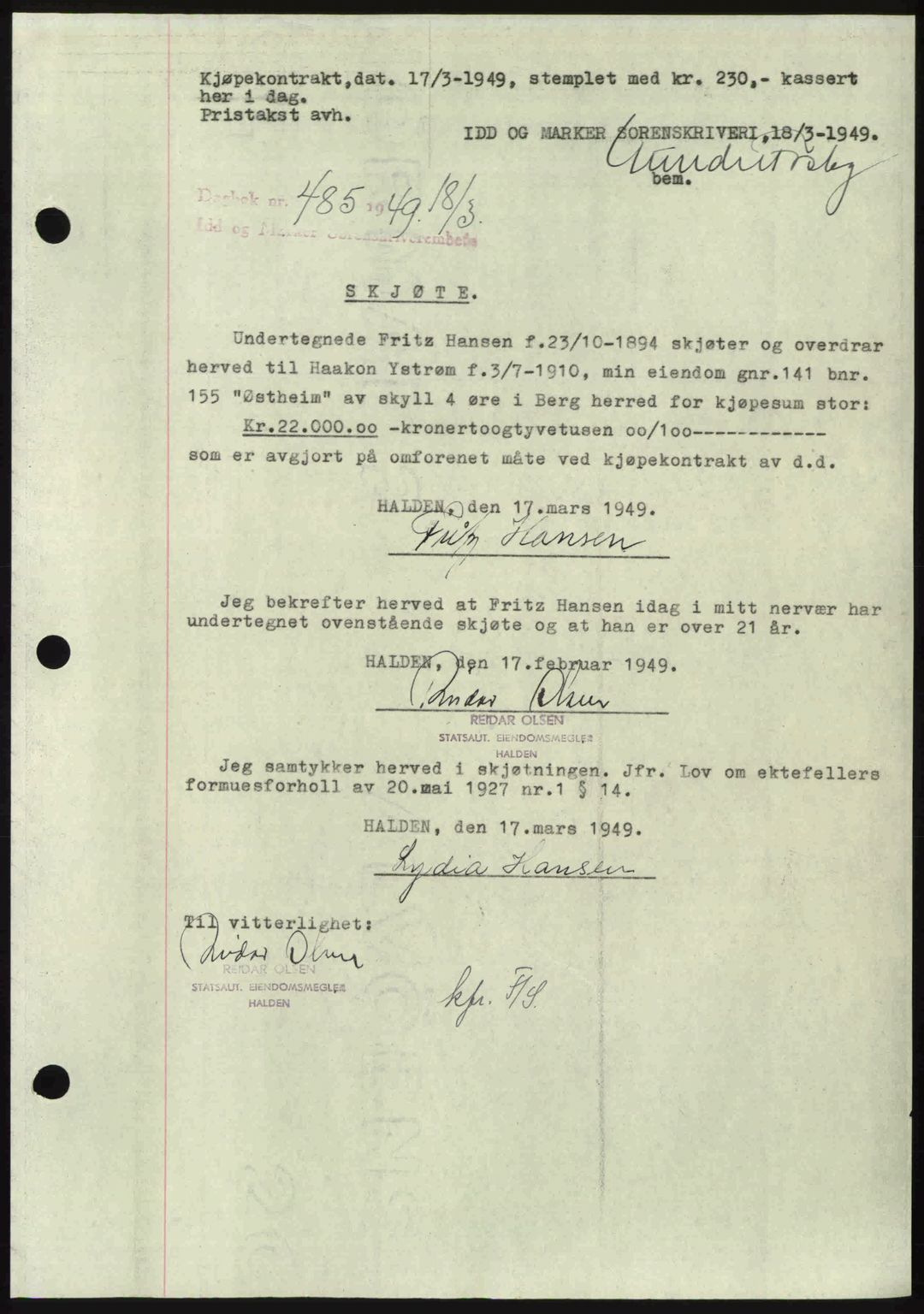 Idd og Marker sorenskriveri, AV/SAO-A-10283/G/Gb/Gbb/L0012: Pantebok nr. A12, 1949-1949, Dagboknr: 485/1949