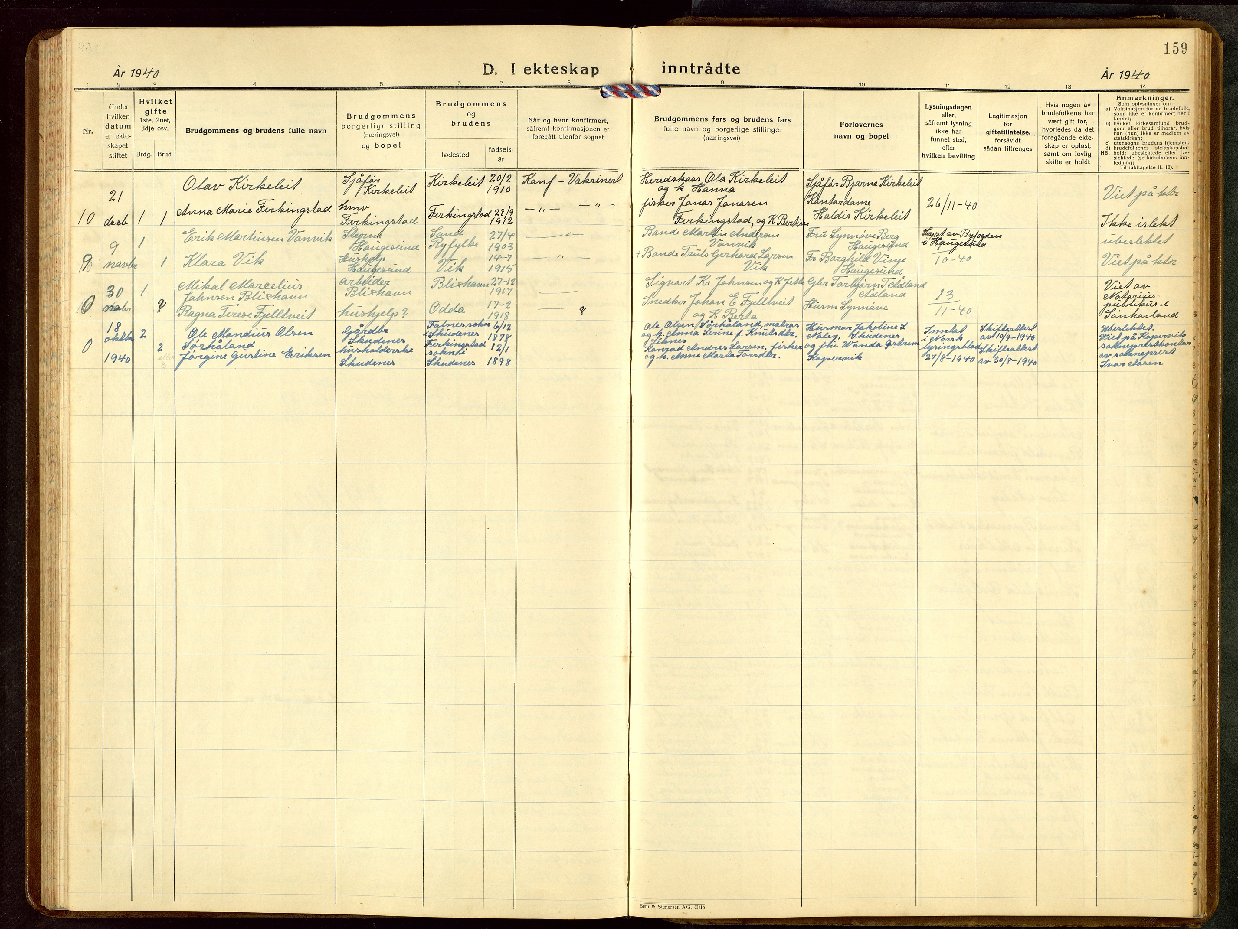 Skudenes sokneprestkontor, AV/SAST-A -101849/H/Ha/Hab/L0013: Klokkerbok nr. B 13, 1937-1954, s. 159