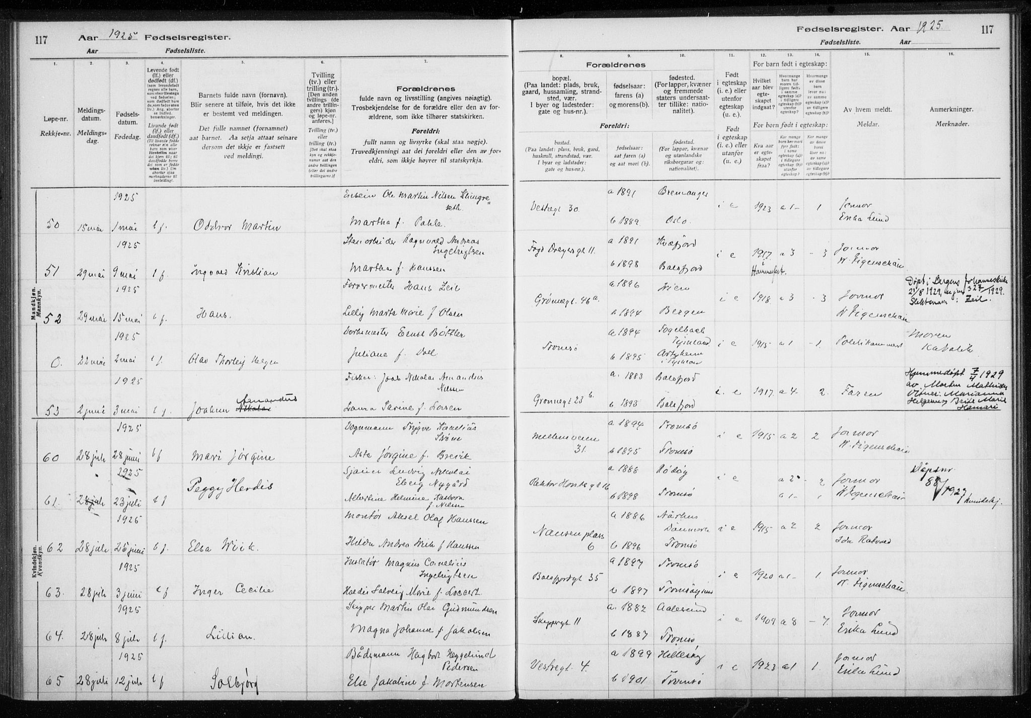 Tromsø sokneprestkontor/stiftsprosti/domprosti, AV/SATØ-S-1343/H/Ha/L0132: Fødselsregister nr. 132, 1921-1927, s. 117
