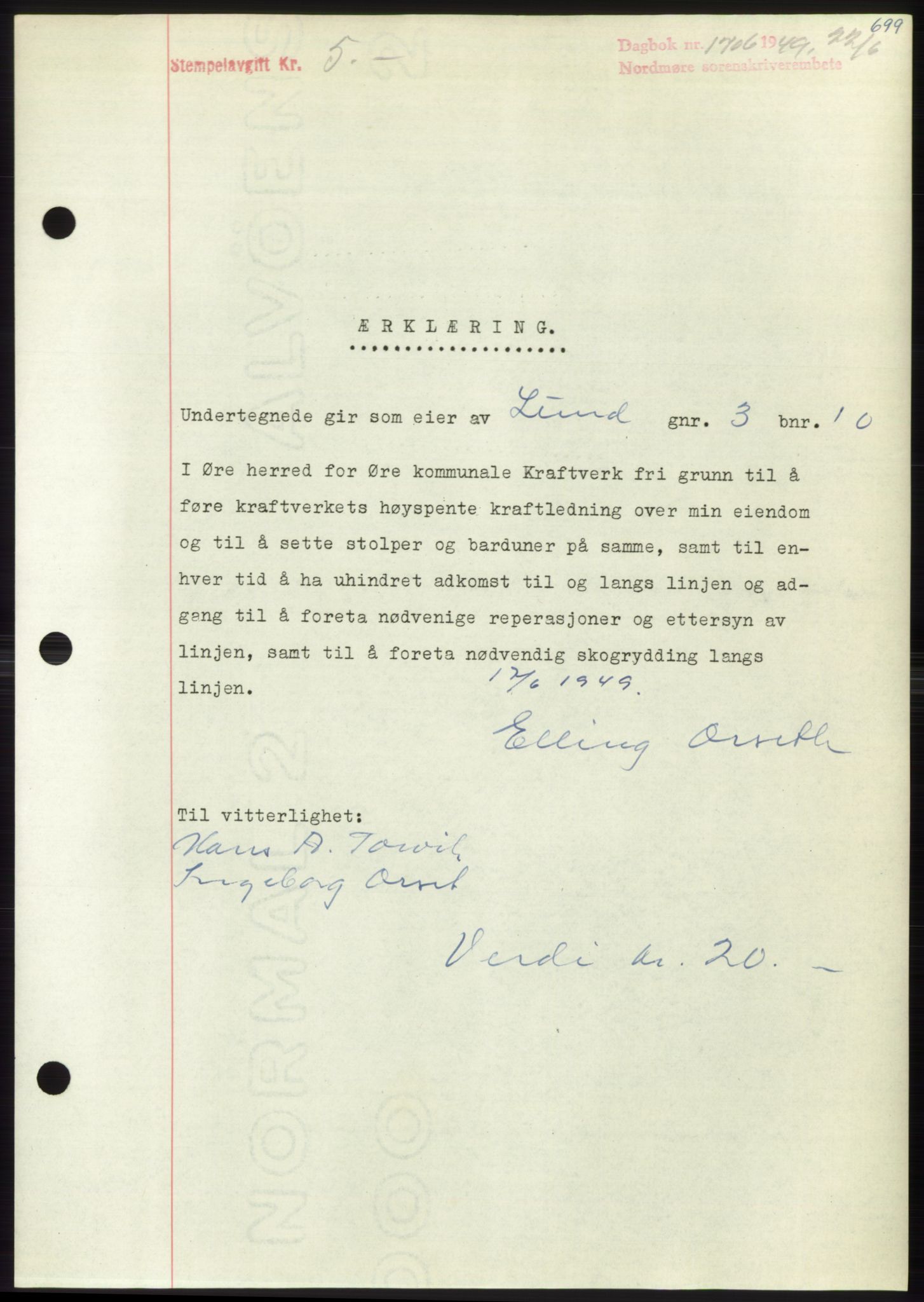 Nordmøre sorenskriveri, SAT/A-4132/1/2/2Ca: Pantebok nr. B101, 1949-1949, Dagboknr: 1706/1949