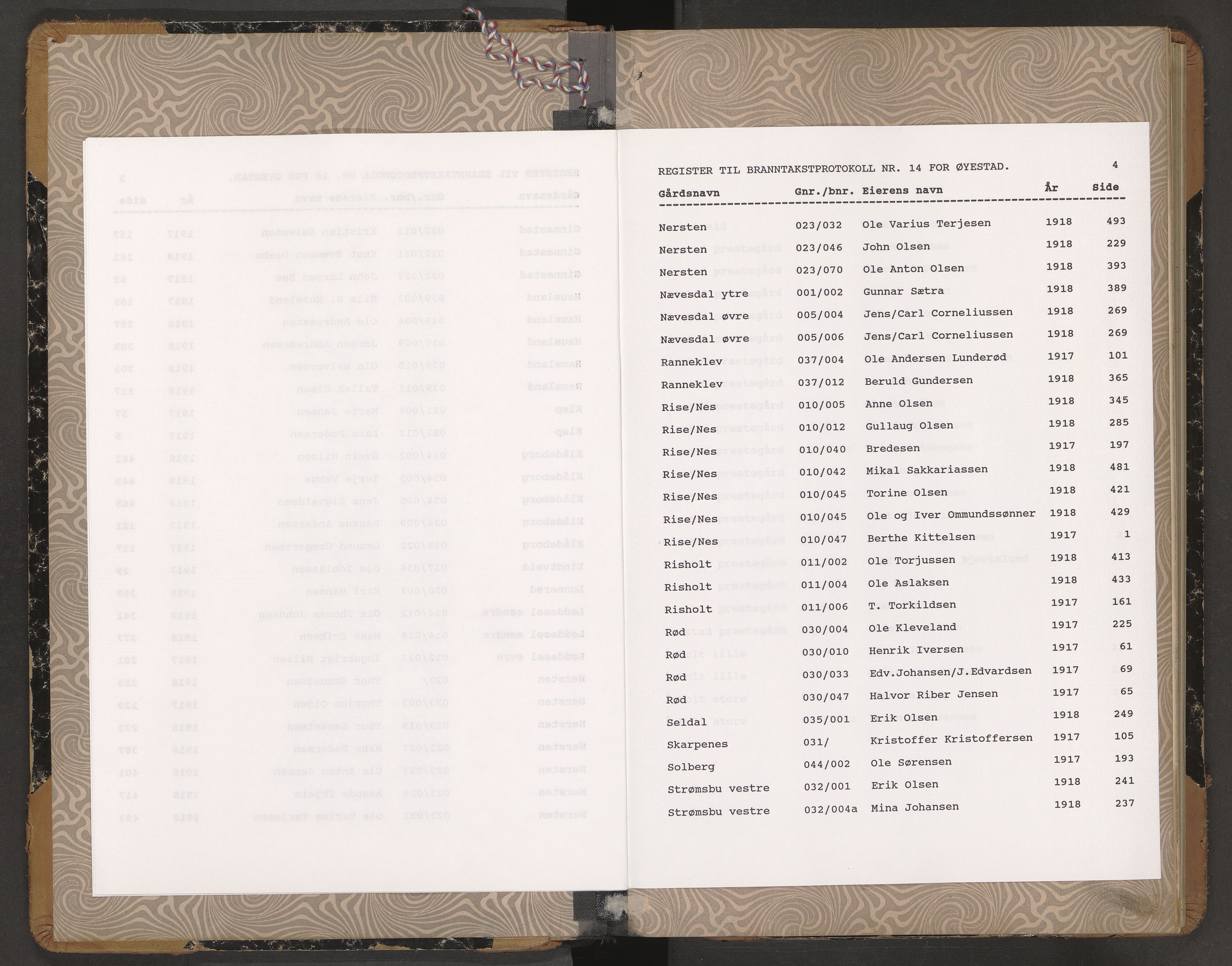 Norges Brannkasse Øyestad, AV/SAK-2241-0059/F/Fa/L0014: Branntakstprotokoll nr. 14 med gårdsnavnregister, 1917-1918