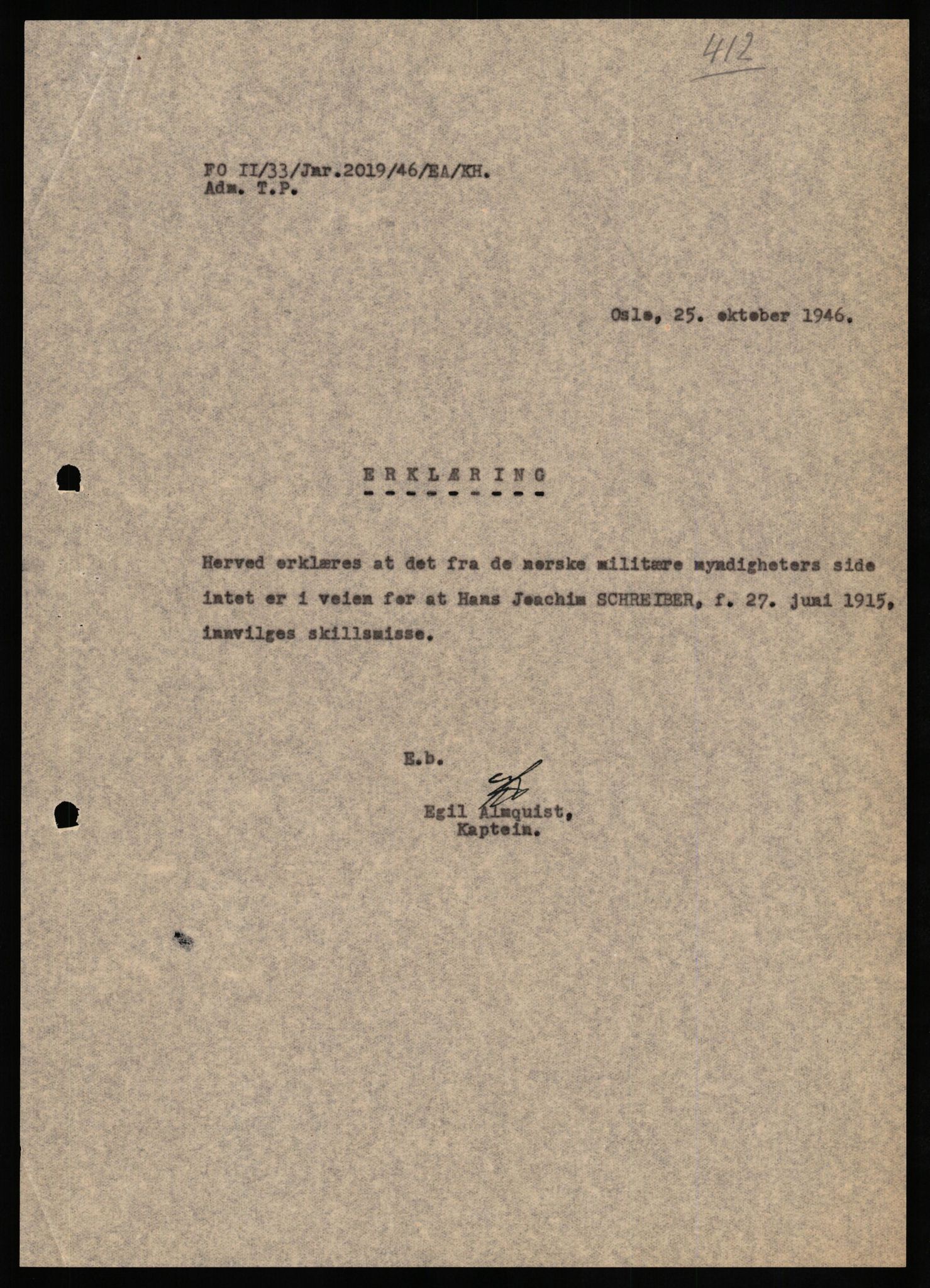 Forsvaret, Forsvarets overkommando II, AV/RA-RAFA-3915/D/Db/L0030: CI Questionaires. Tyske okkupasjonsstyrker i Norge. Tyskere., 1945-1946, s. 230