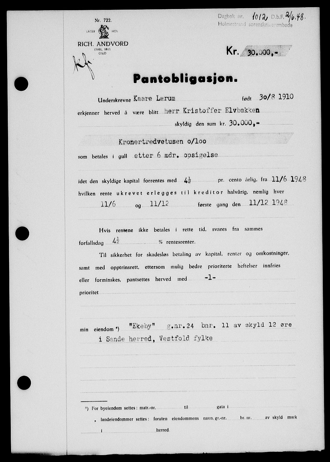 Holmestrand sorenskriveri, SAKO/A-67/G/Ga/Gab/L0058: Pantebok nr. B-58, 1947-1948, Dagboknr: 1012/1948