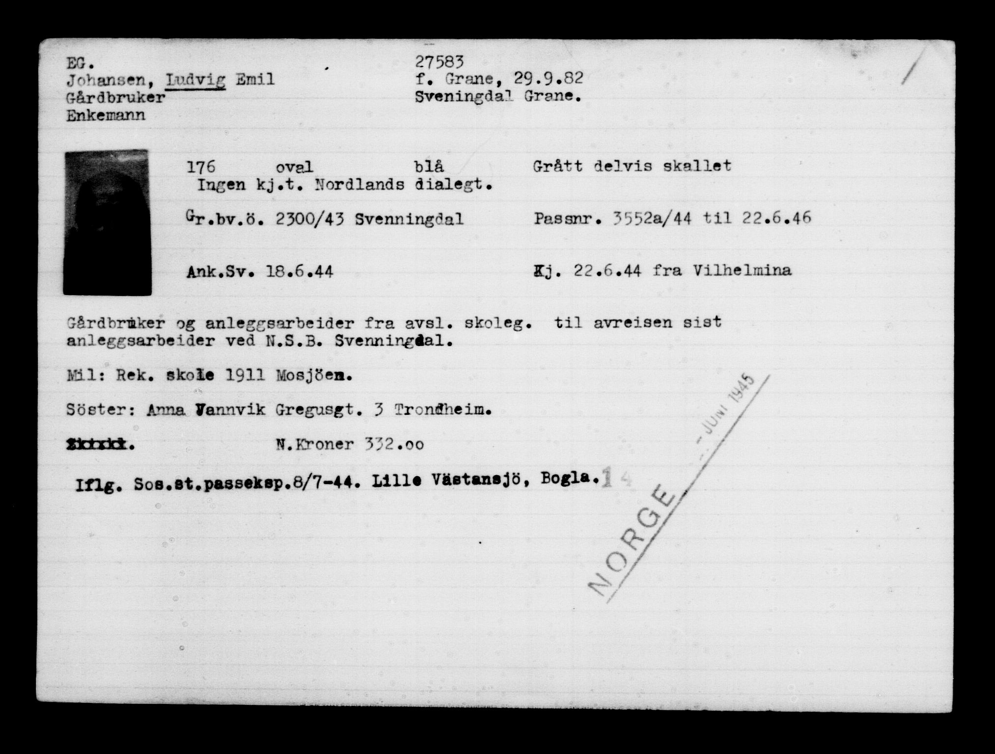 Utenriksstasjonene, Legasjonen i Stockholm, Flyktningkontoret, AV/RA-S-6753/V/Va/L0011: Kjesäterkartoteket, flyktninger med registreringsnr. 25300-28349, 1940-1945, s. 2421