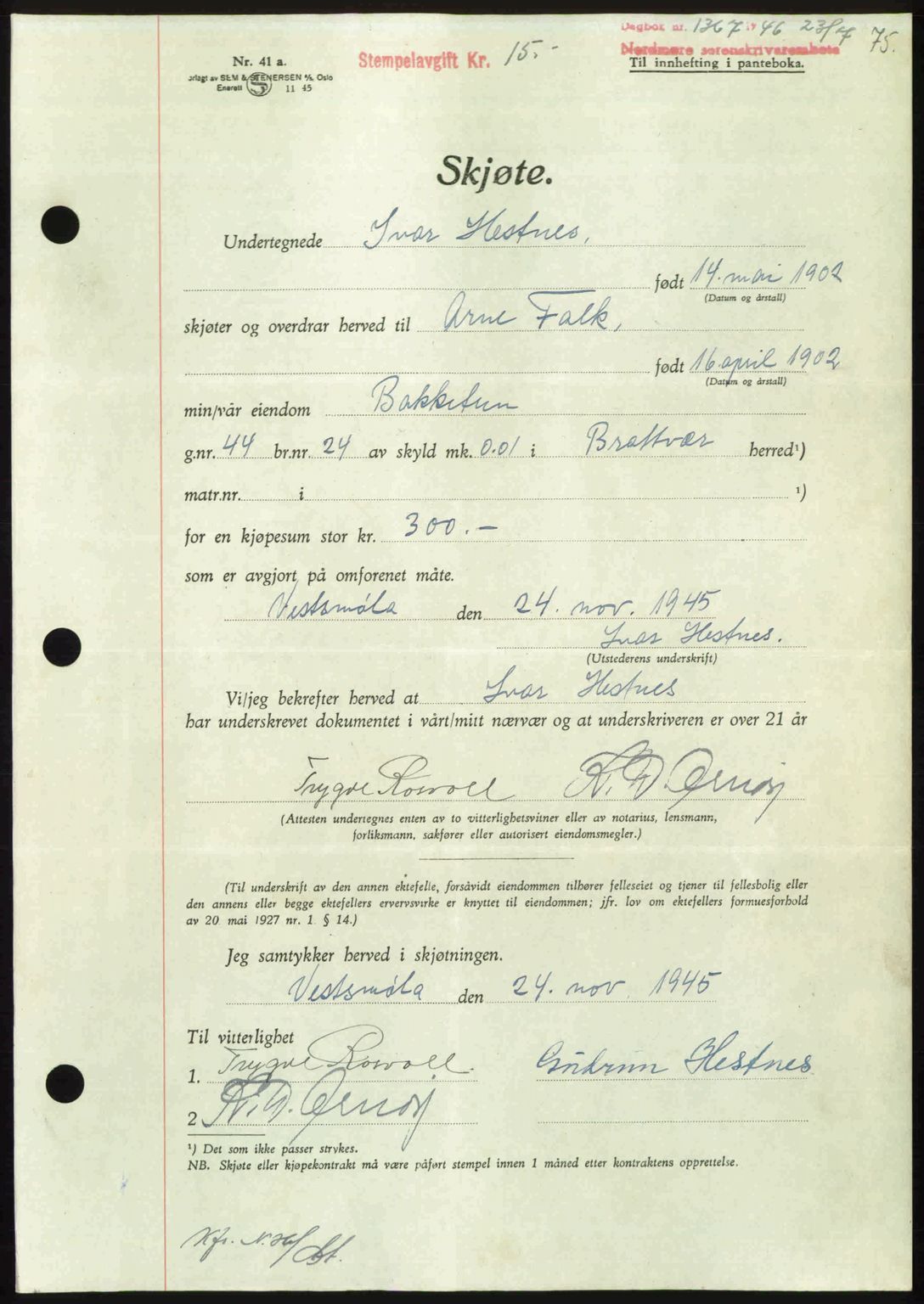 Nordmøre sorenskriveri, AV/SAT-A-4132/1/2/2Ca: Pantebok nr. A102, 1946-1946, Dagboknr: 1367/1946