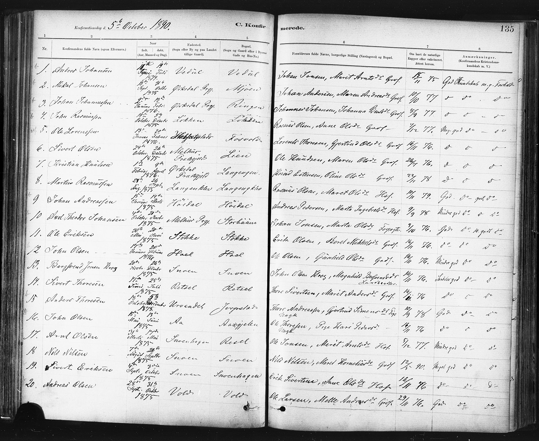 Ministerialprotokoller, klokkerbøker og fødselsregistre - Sør-Trøndelag, SAT/A-1456/672/L0857: Ministerialbok nr. 672A09, 1882-1893, s. 135