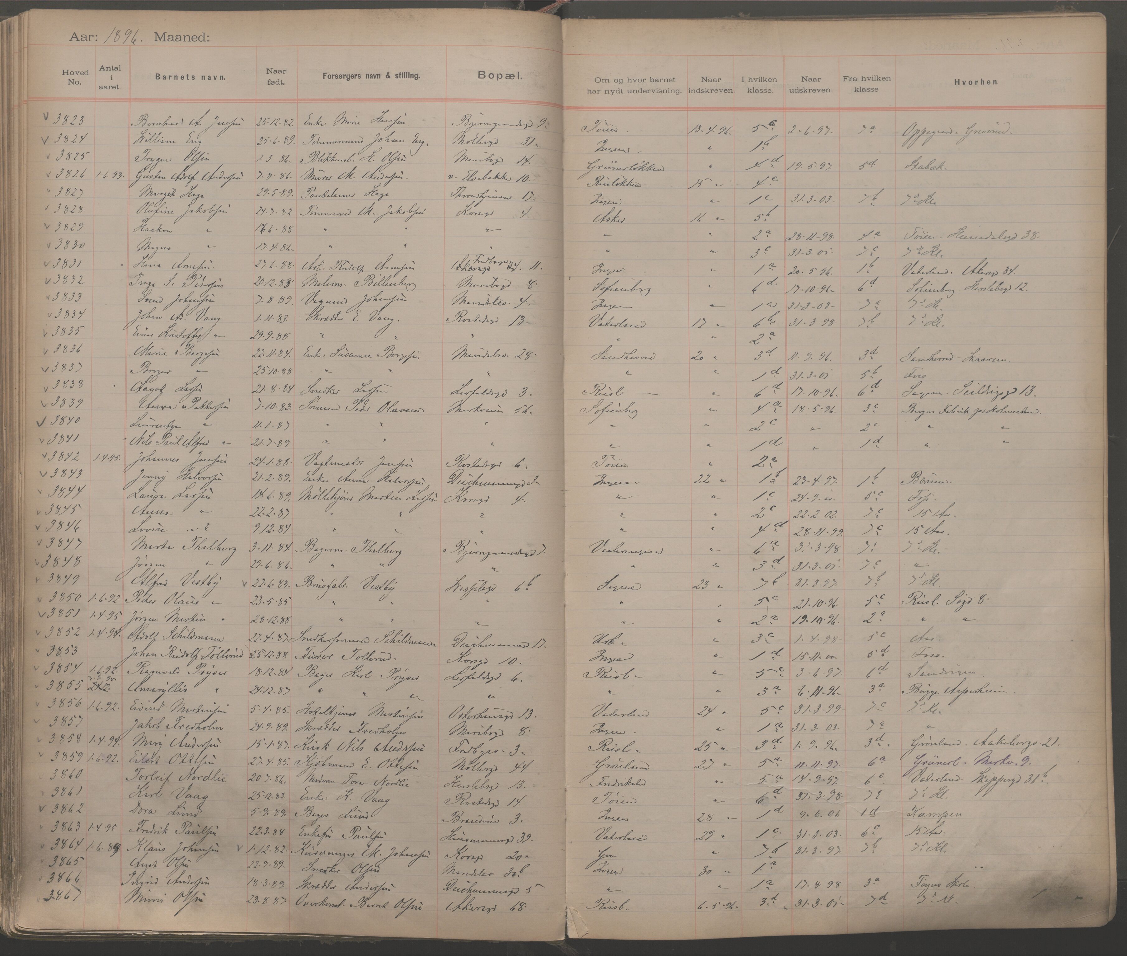 Møllergata skole, OBA/A-20129/F/Fa/L0001: Ut-/innskrivningsprotokoll, 1889-1907, s. 91