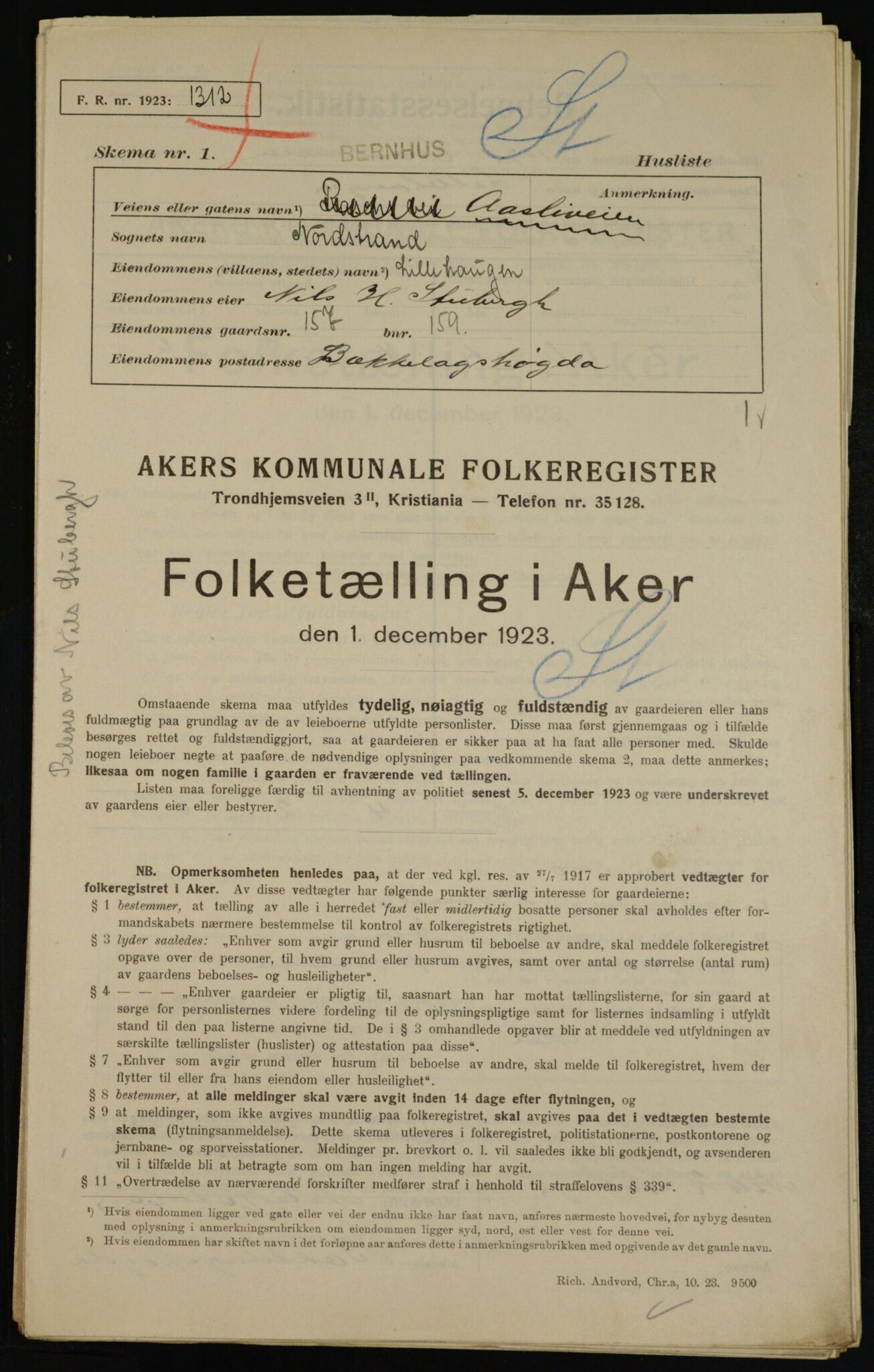 , Kommunal folketelling 1.12.1923 for Aker, 1923, s. 44180