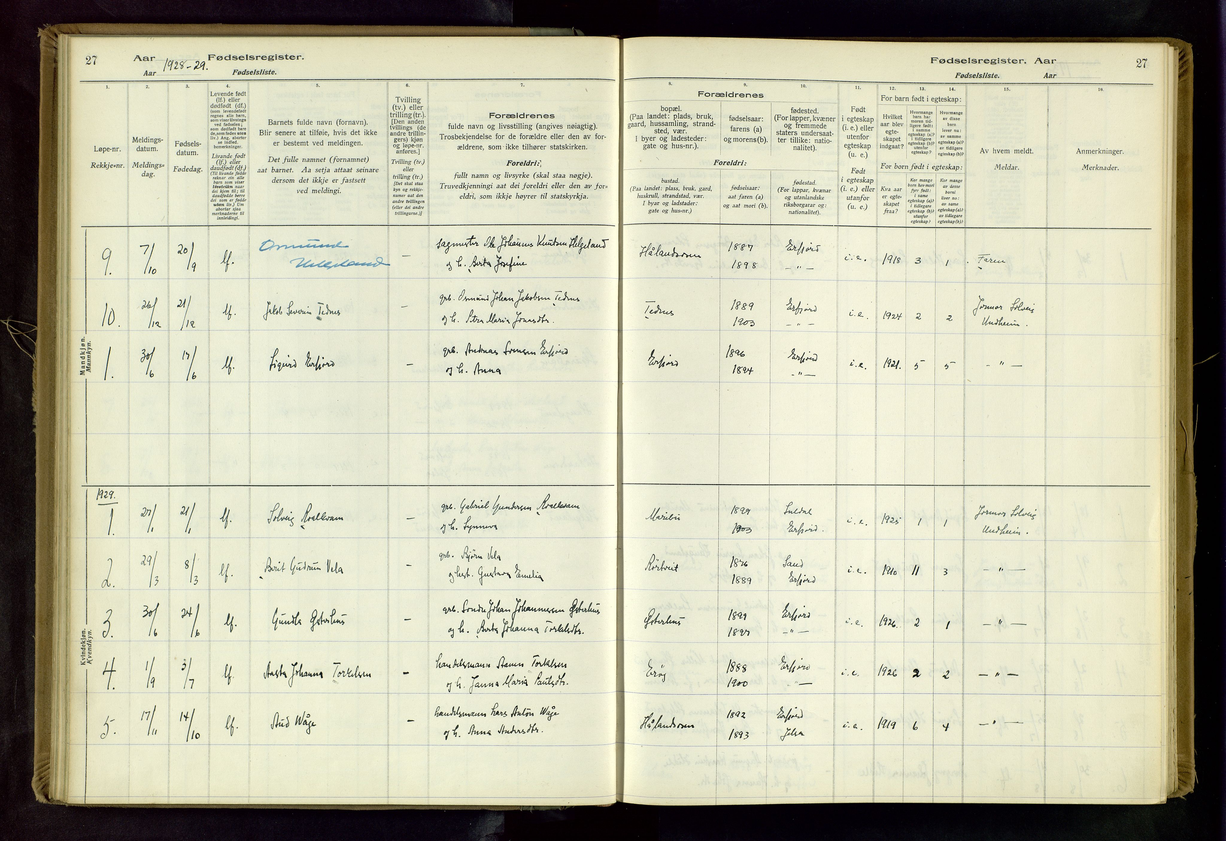 Jelsa sokneprestkontor, AV/SAST-A-101842/02/I: Fødselsregister nr. 14, 1916-1982, s. 27