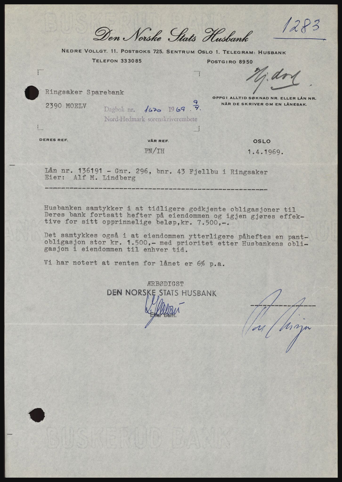 Nord-Hedmark sorenskriveri, SAH/TING-012/H/Hc/L0030: Pantebok nr. 30, 1969-1969, Dagboknr: 1670/1969