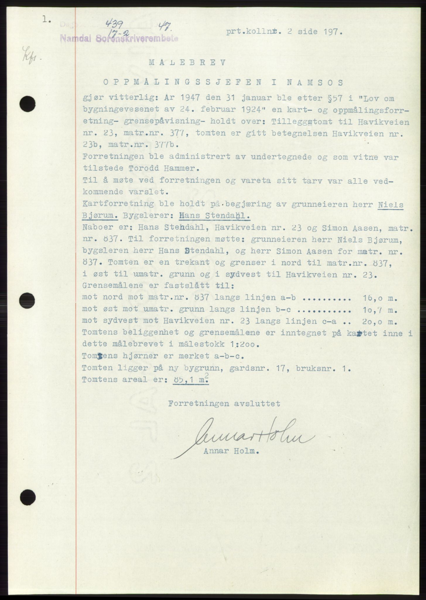 Namdal sorenskriveri, SAT/A-4133/1/2/2C: Pantebok nr. -, 1946-1947, Dagboknr: 439/1947