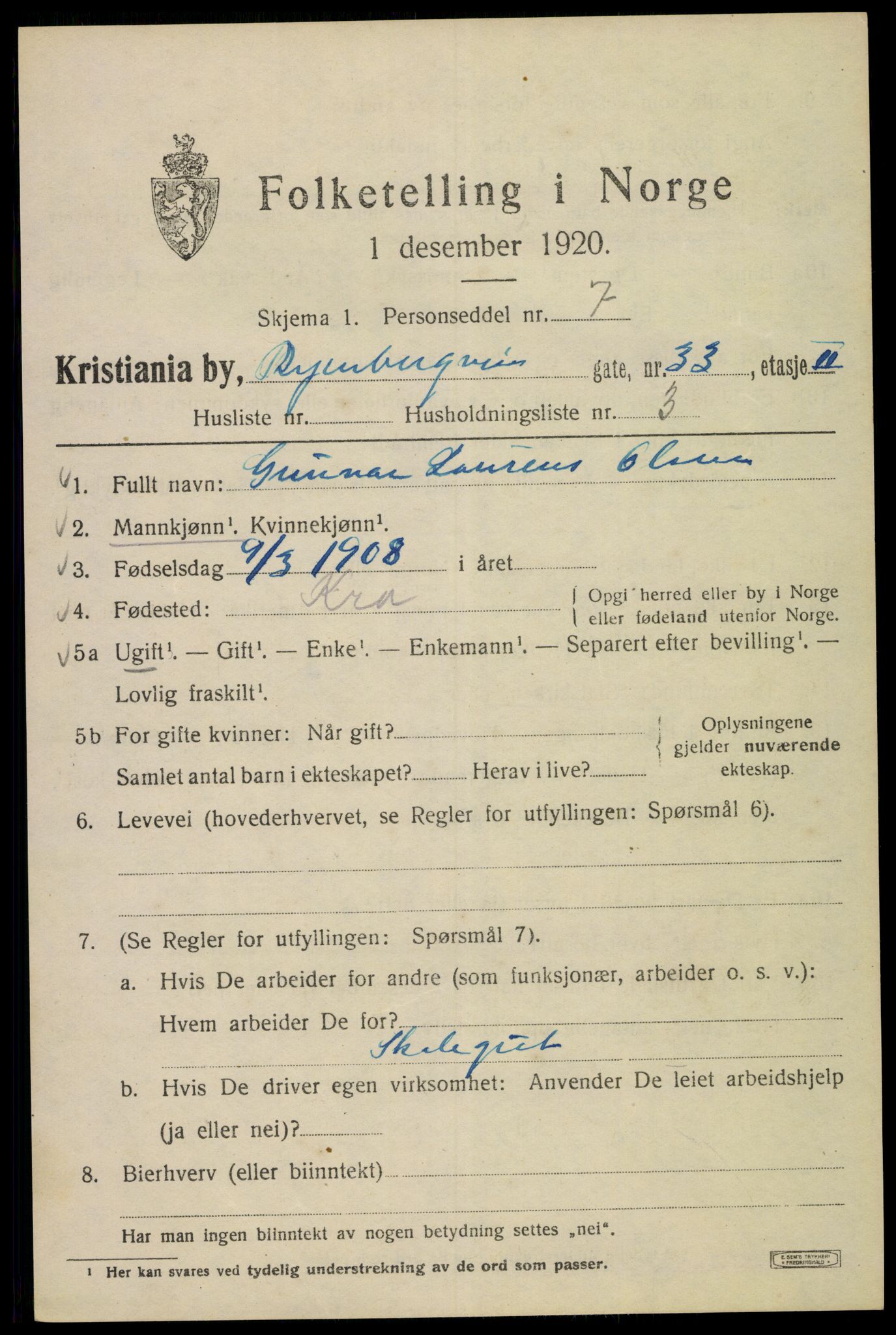 SAO, Folketelling 1920 for 0301 Kristiania kjøpstad, 1920, s. 474233