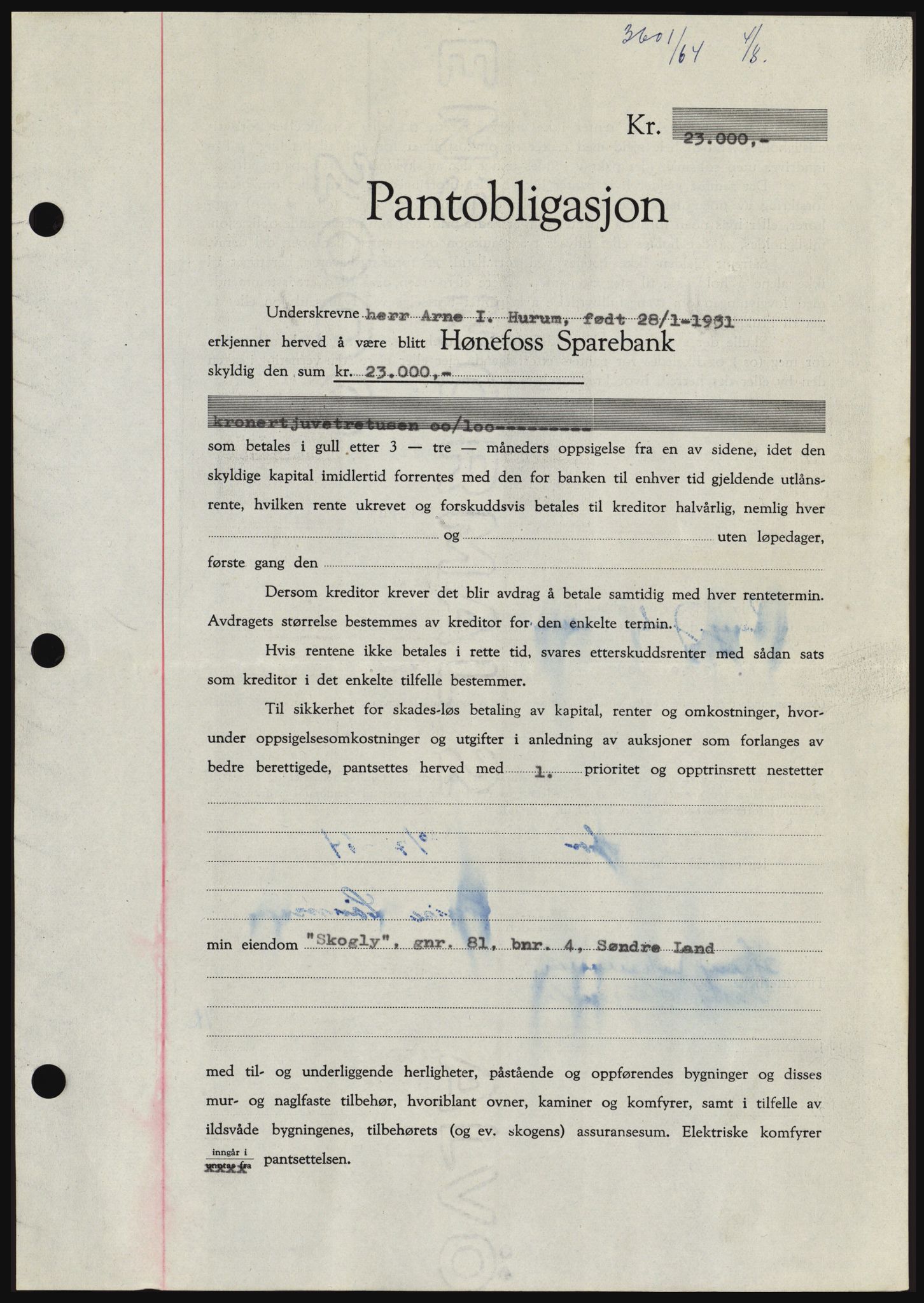 Hadeland og Land tingrett, SAH/TING-010/H/Hb/Hbc/L0055: Pantebok nr. B55, 1964-1964, Dagboknr: 3601/1964