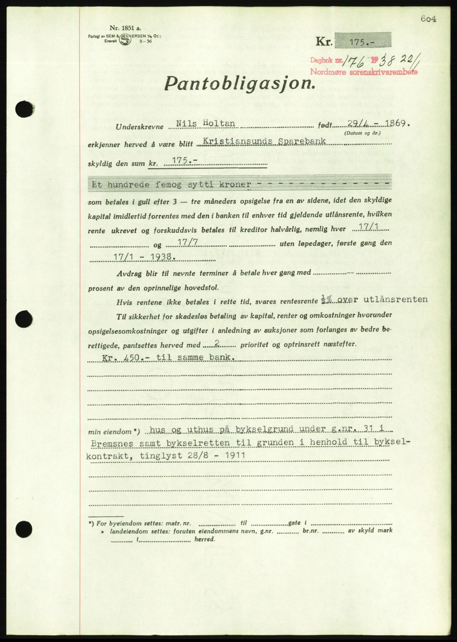 Nordmøre sorenskriveri, AV/SAT-A-4132/1/2/2Ca/L0092: Pantebok nr. B82, 1937-1938, Dagboknr: 176/1938