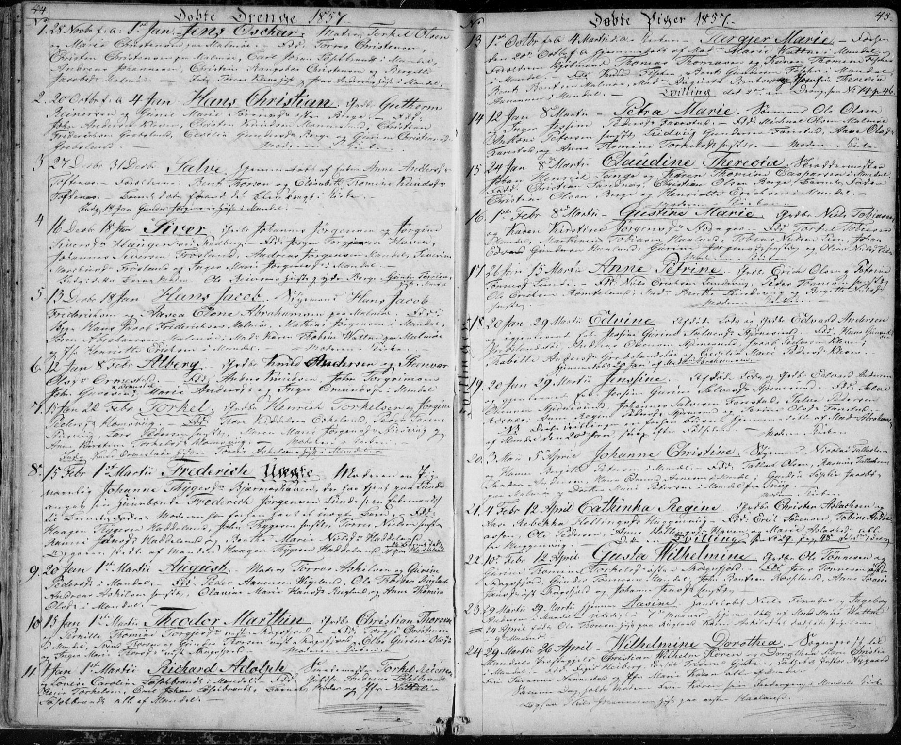 Mandal sokneprestkontor, AV/SAK-1111-0030/F/Fb/Fba/L0008: Klokkerbok nr. B 2, 1854-1868, s. 44-45