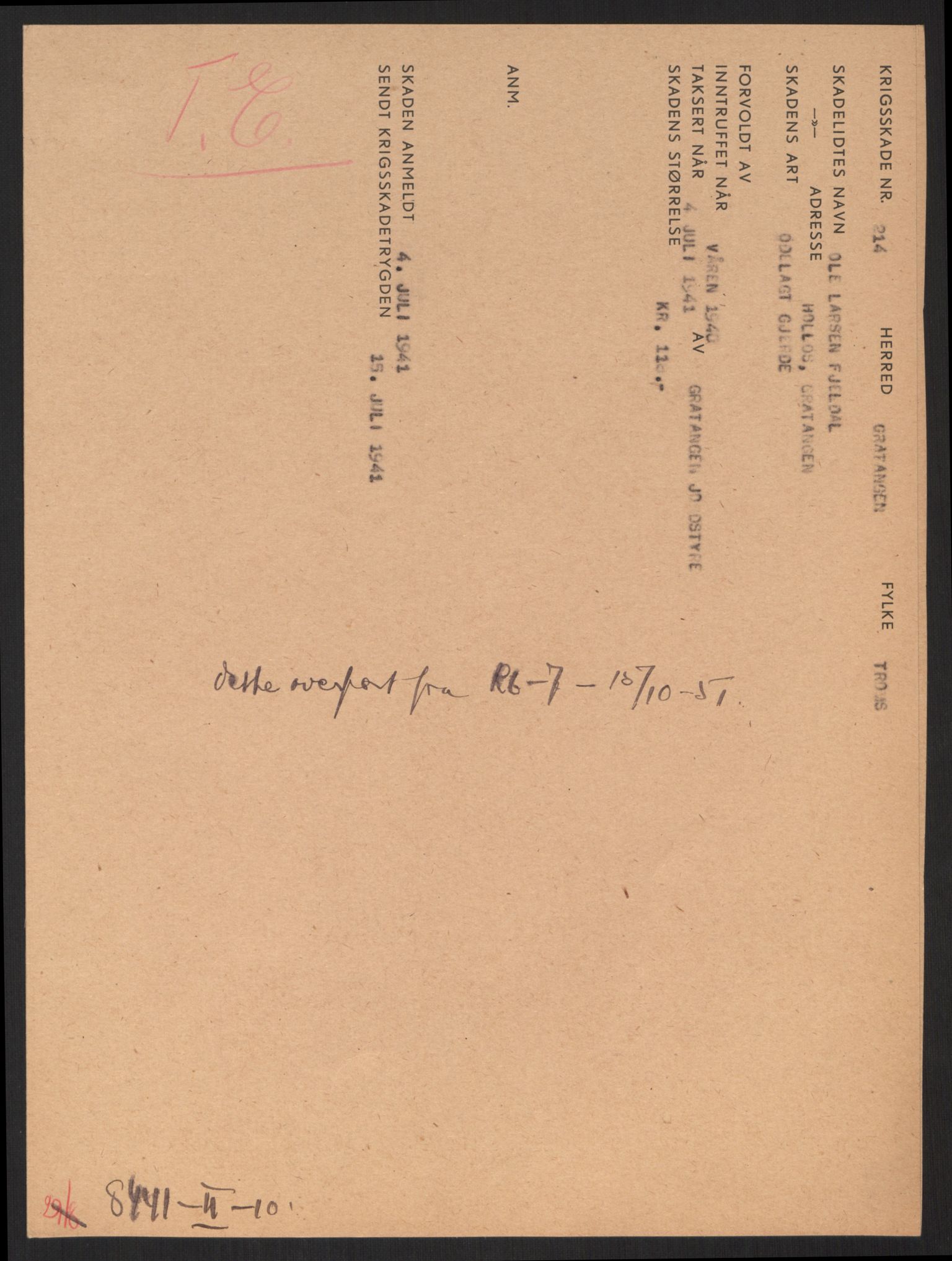 Forsvarsdepartementet, 10. kontor / Oppgjørskontoret, AV/RA-RAFA-1225/D/Dd/L0480: Troms, 1942-1953, s. 22