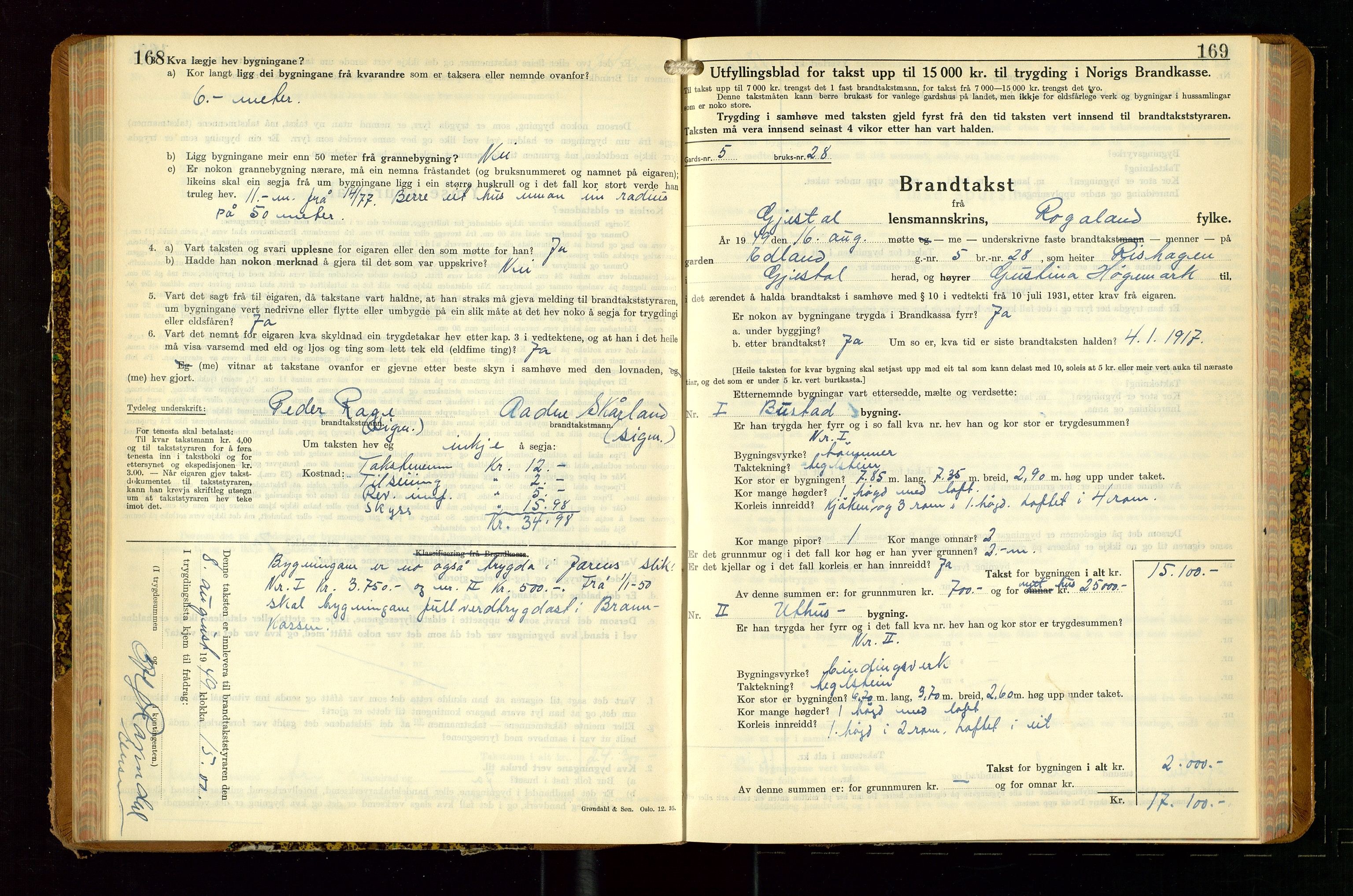 Gjesdal lensmannskontor, SAST/A-100441/Go/L0008: Branntakstskjemaprotokoll, 1937-1955, s. 168-169